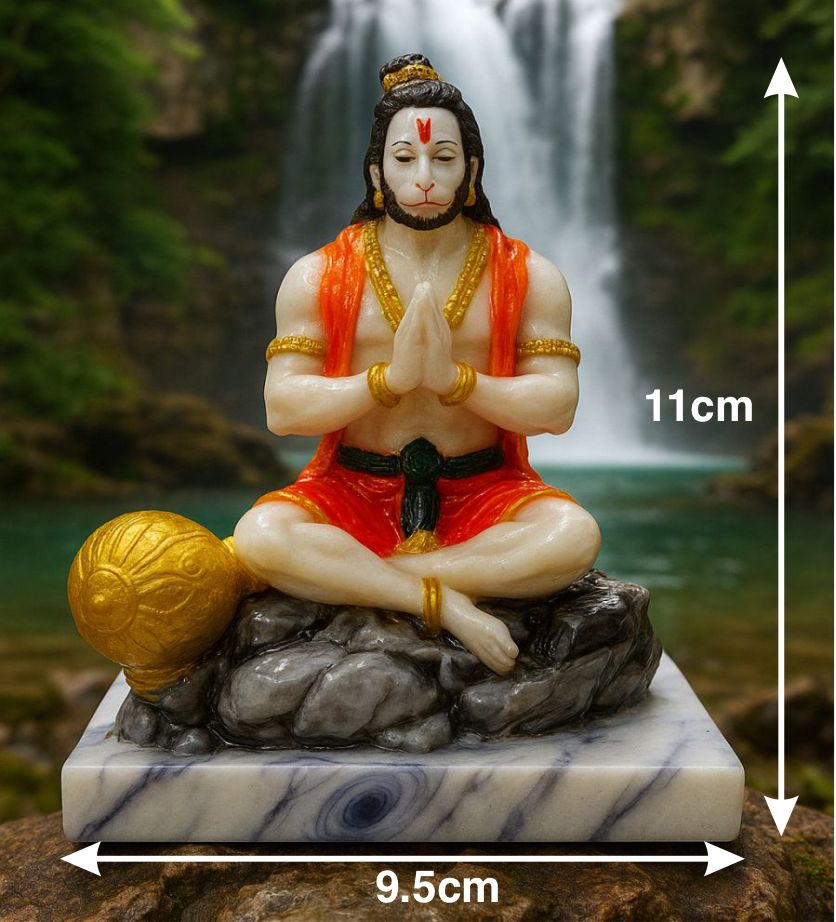 Lord Hanuman idol, Bajrangbali statue, Hanuman murti, resin Hanuman figurine, Hanuman with gada, meditation Hanuman idol, spiritual home decor, Hindu god idol, pooja room decor, Vastu idol, Diwali gift idol, dashboard Hanuman statue, handcrafted Hanuman, peaceful Hanuman murti, yoga room decor, mountain backdrop idol, religious gift item, Indian god sculpture, desk showpiece, devotional figurine