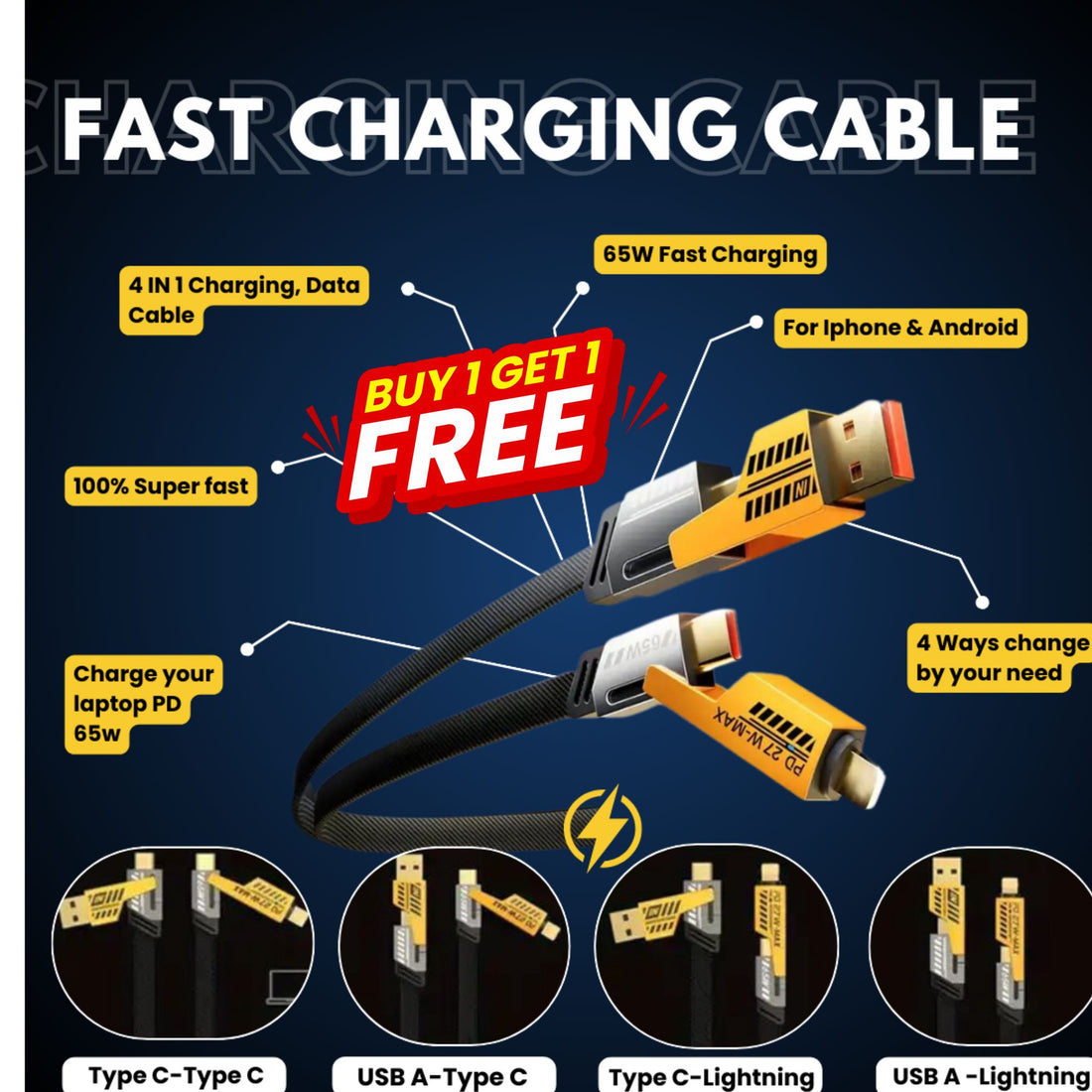4 in 1 Metal Fast Charging Cable 1.2M (Pack of 2)