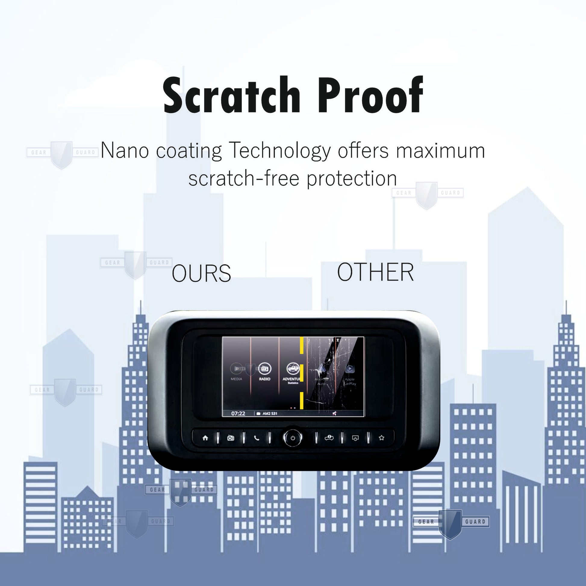 Tempered glass screen protector covering a car's touch screen, providing strong protection against scratches