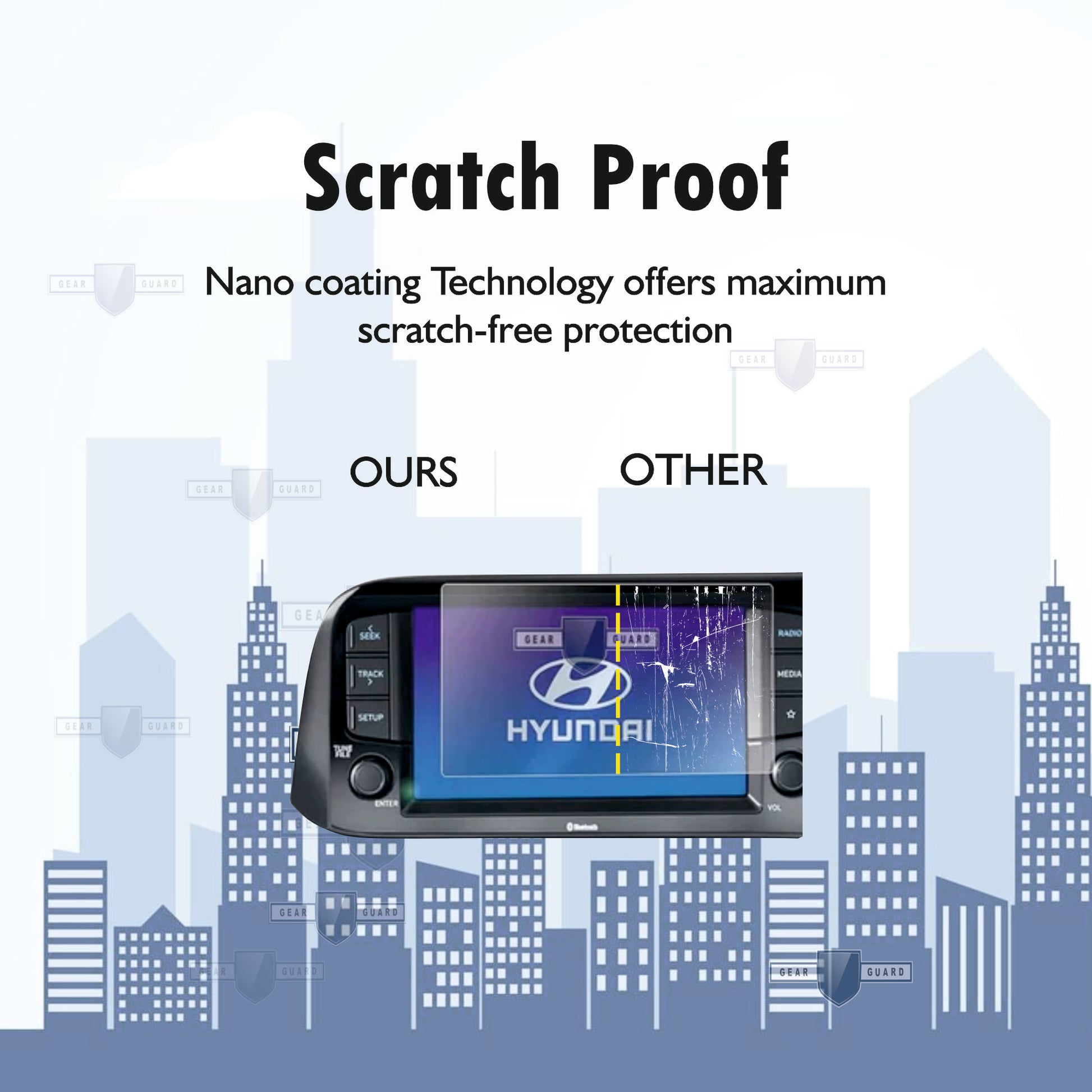 Tempered glass screen protector covering a car's touch screen, providing strong protection against scratches