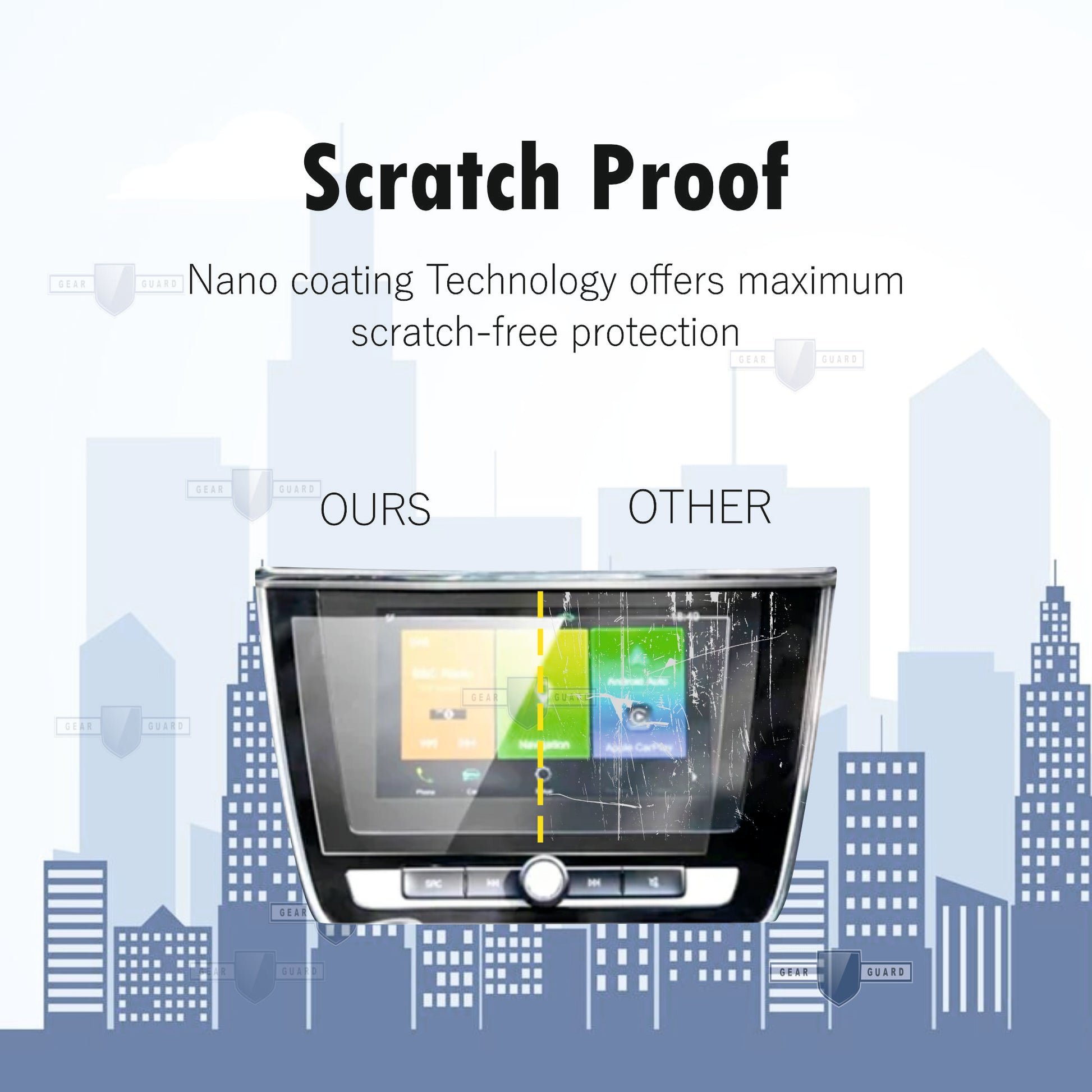 Tempered glass screen protector covering a car's touch screen, providing strong protection against scratches