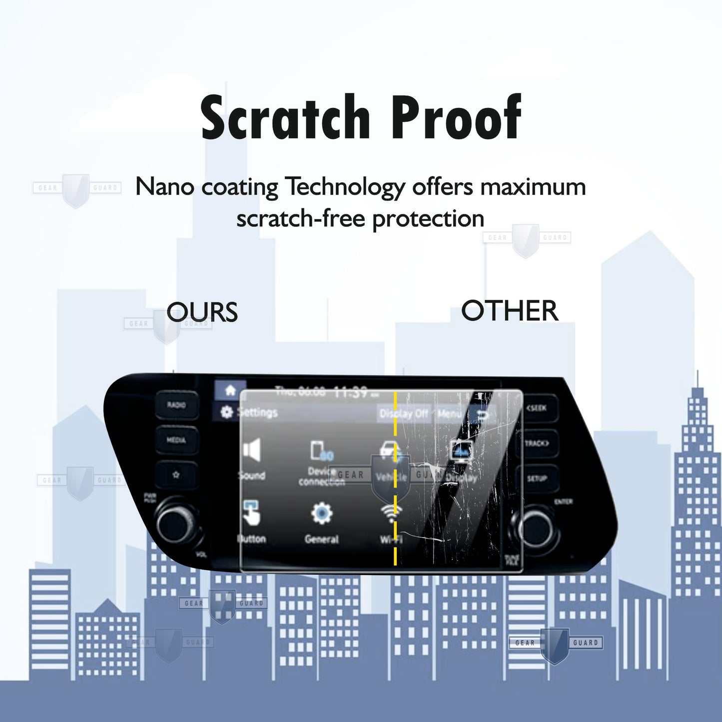 Tempered glass screen protector covering a car's touch screen, providing strong protection against scratches