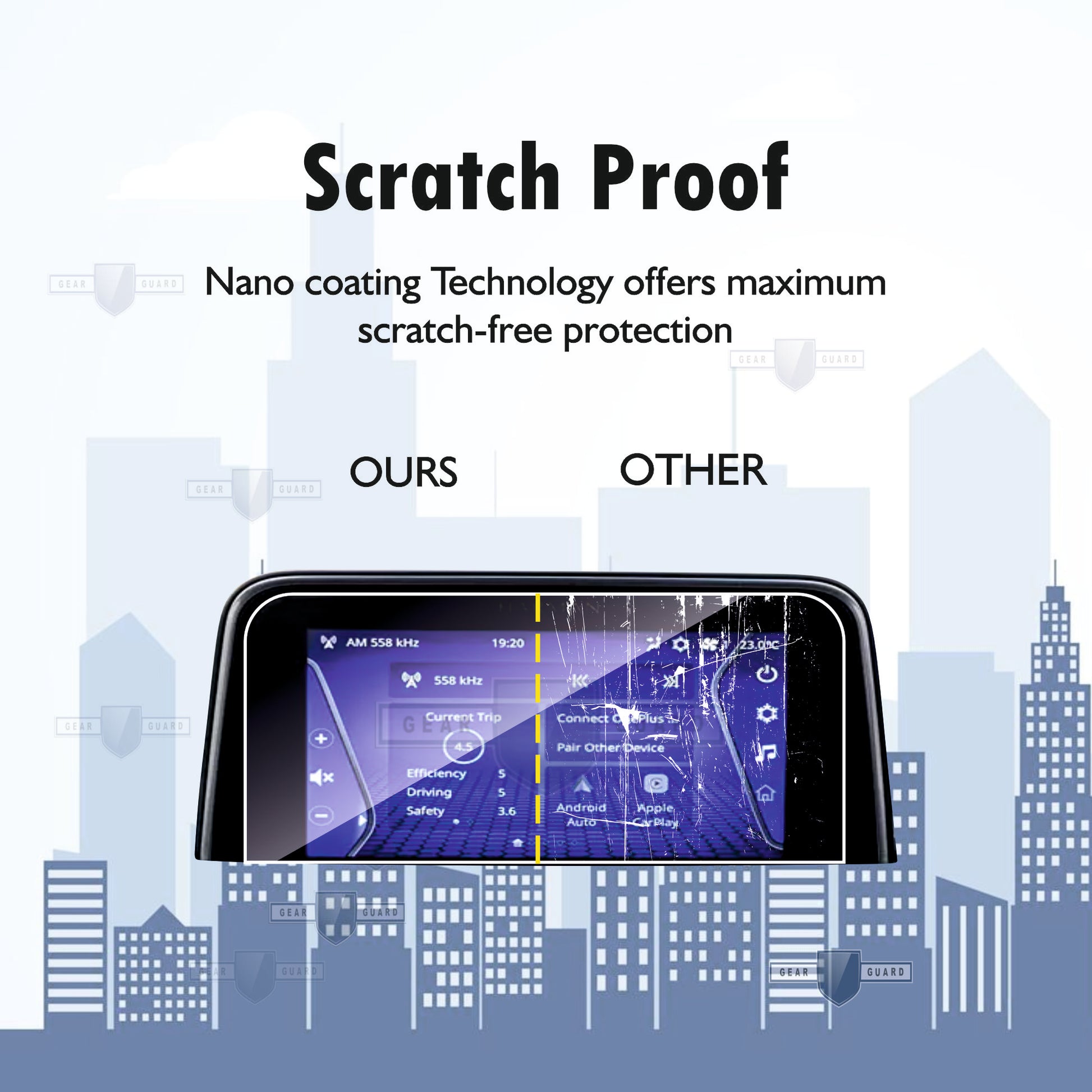 Tempered glass screen protector covering a car's touch screen, providing strong protection against scratches