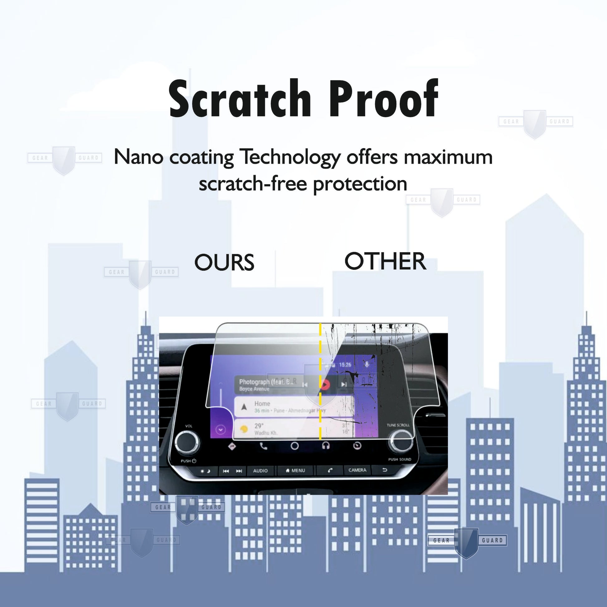 Tempered glass screen protector covering a car's touch screen, providing strong protection against scratches