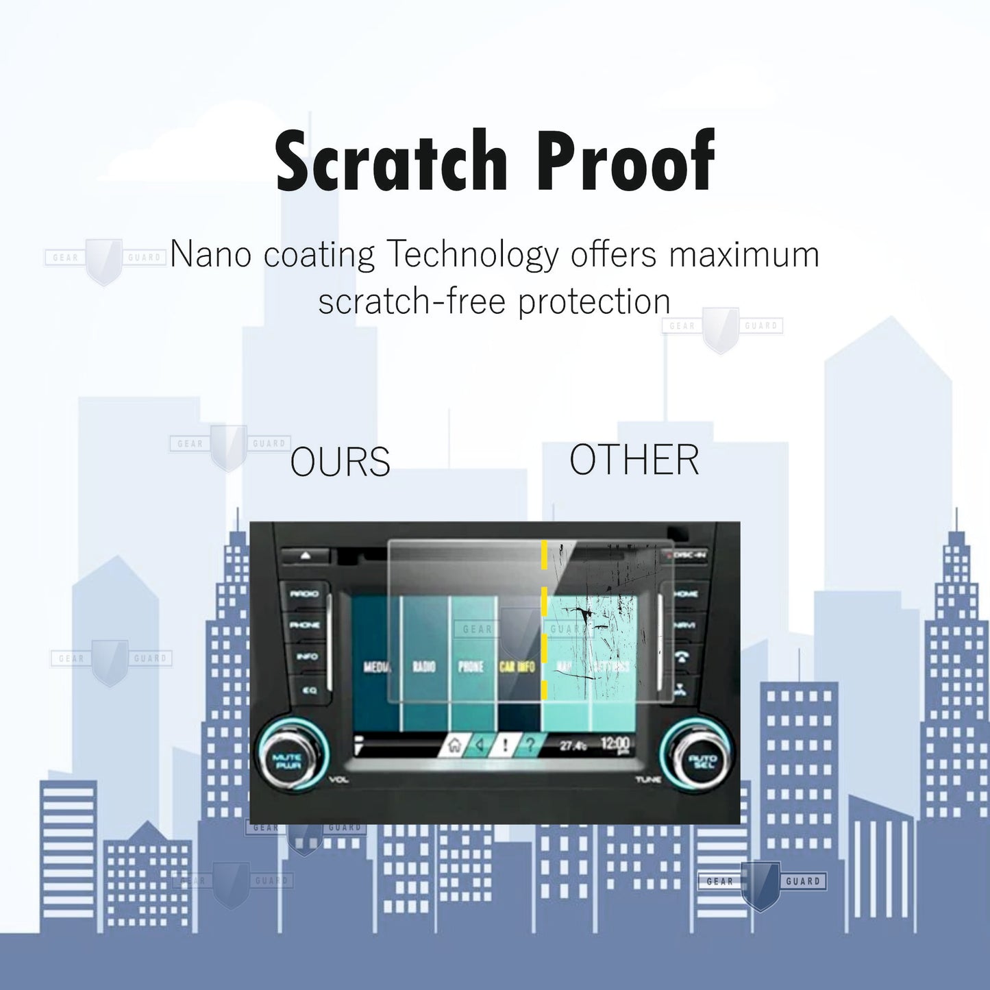 Tempered glass screen protector covering a car's touch screen, providing strong protection against scratches