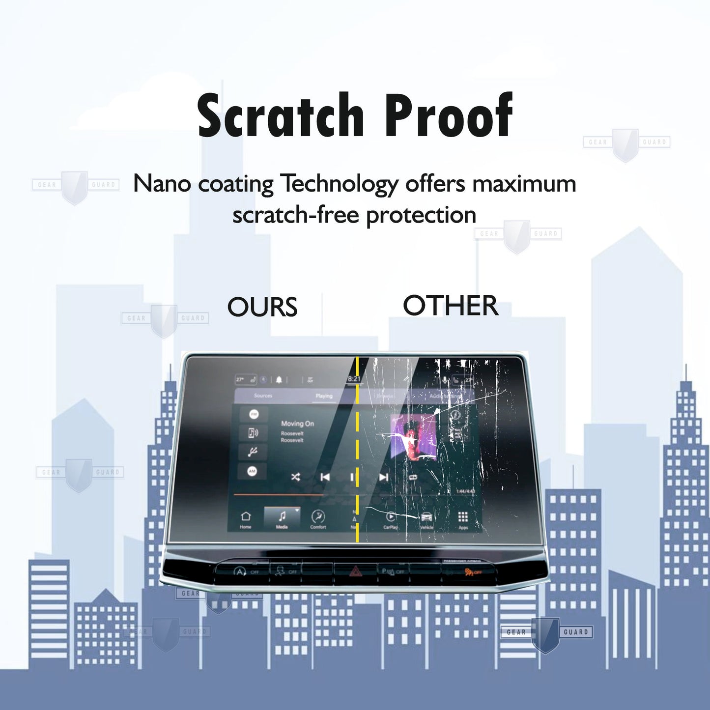 Fingerprint-resistant screen protector on a car infotainment system, keeping the screen clean