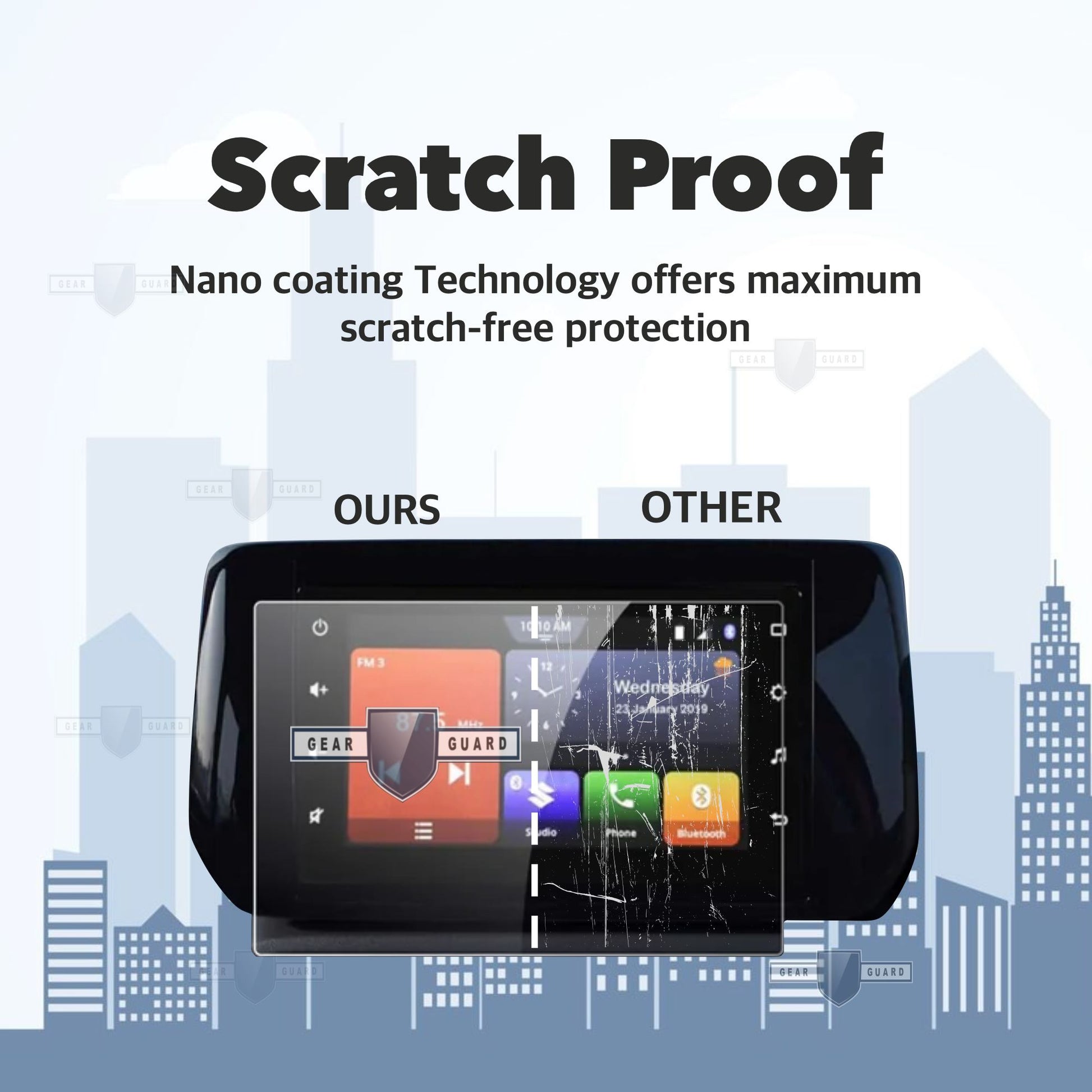 Tempered glass screen protector covering a car's touch screen, providing strong protection against scratches