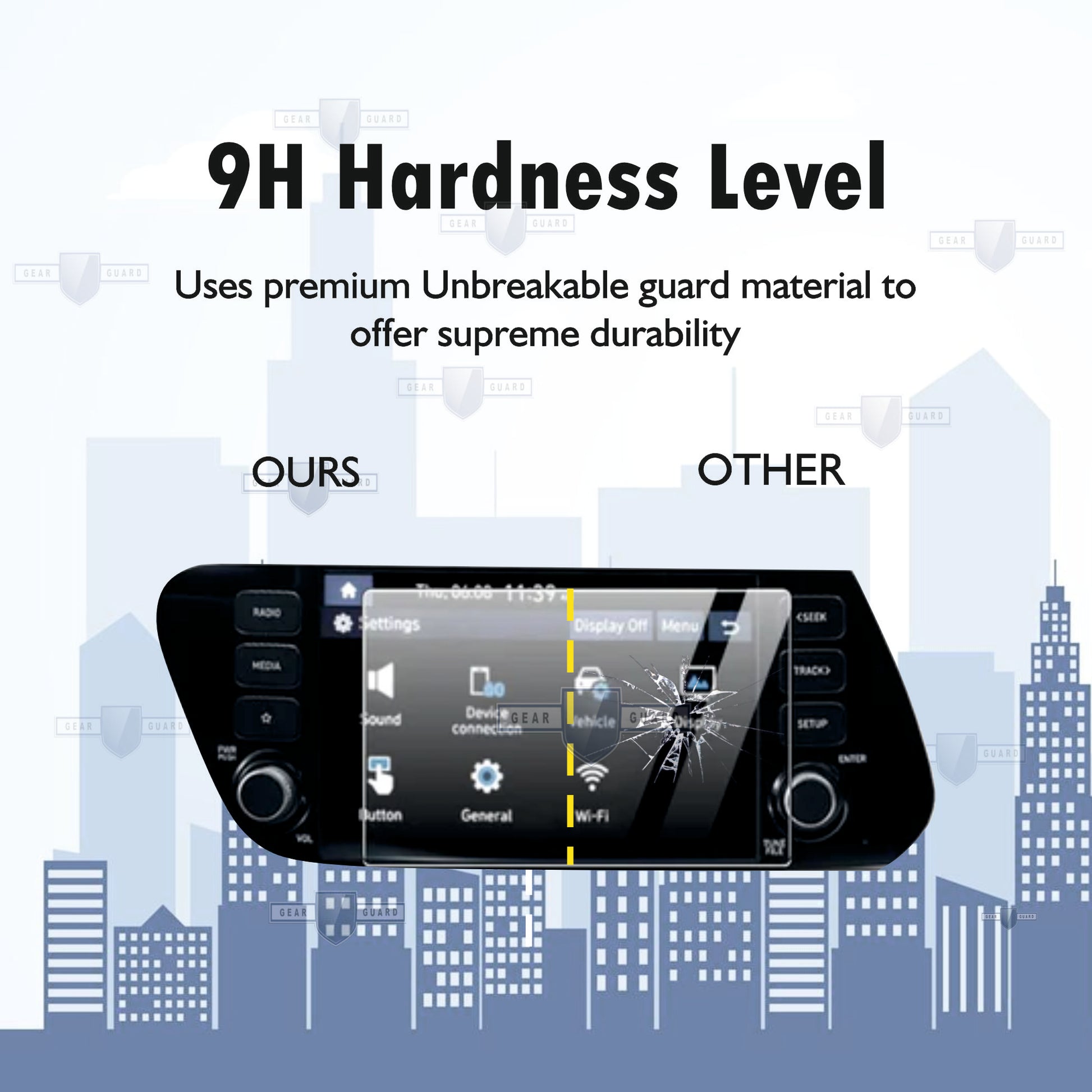 Tempered glass screen protector covering a car's touch screen, providing strong protection against scratches