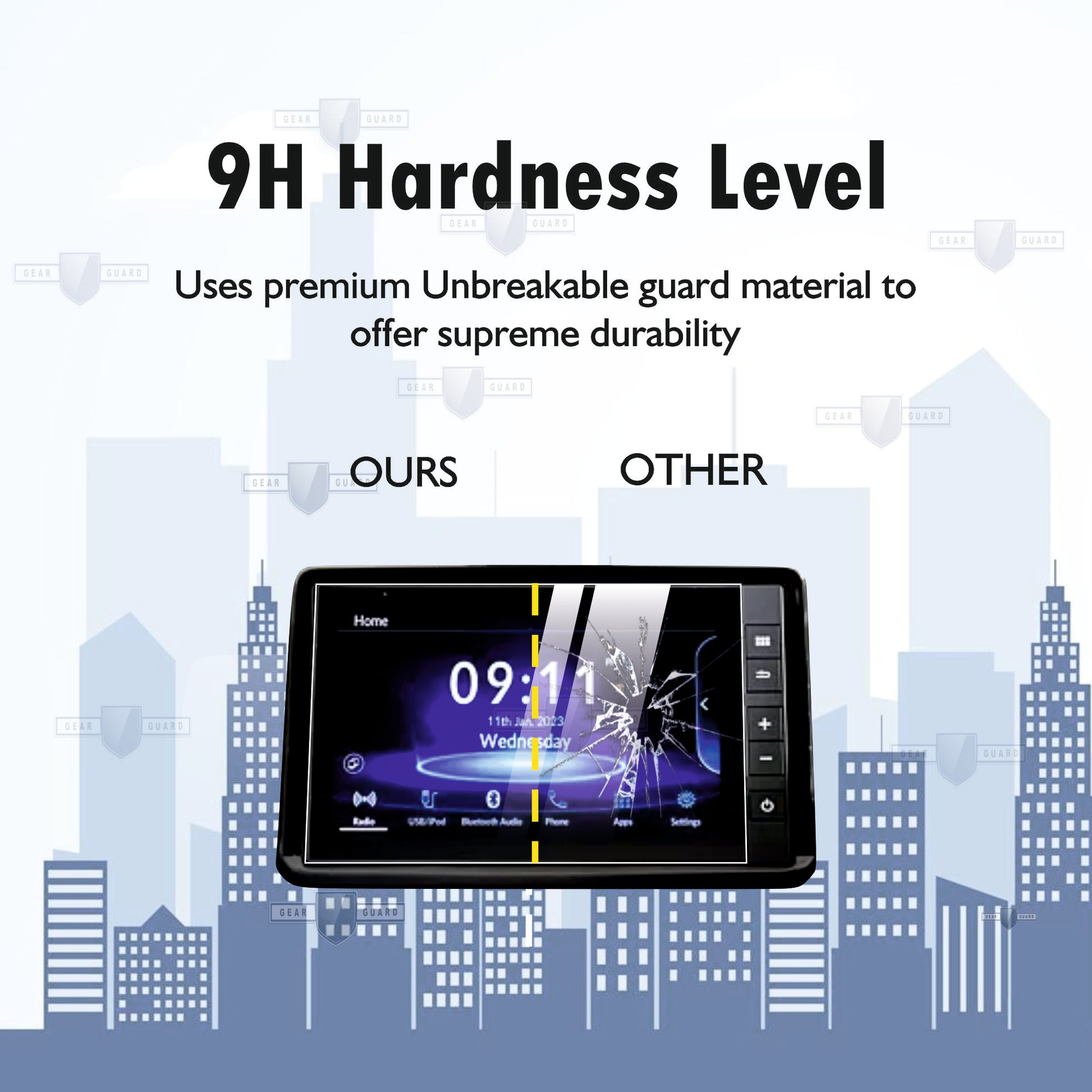 Tempered glass screen protector covering a car's touch screen, providing strong protection against scratches