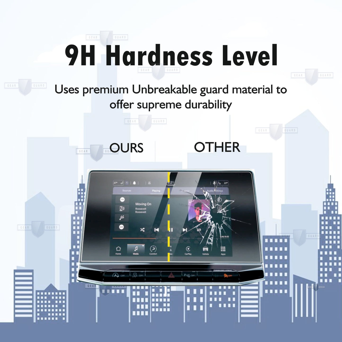 Tempered glass screen protector covering a car's touch screen, providing strong protection against scratches