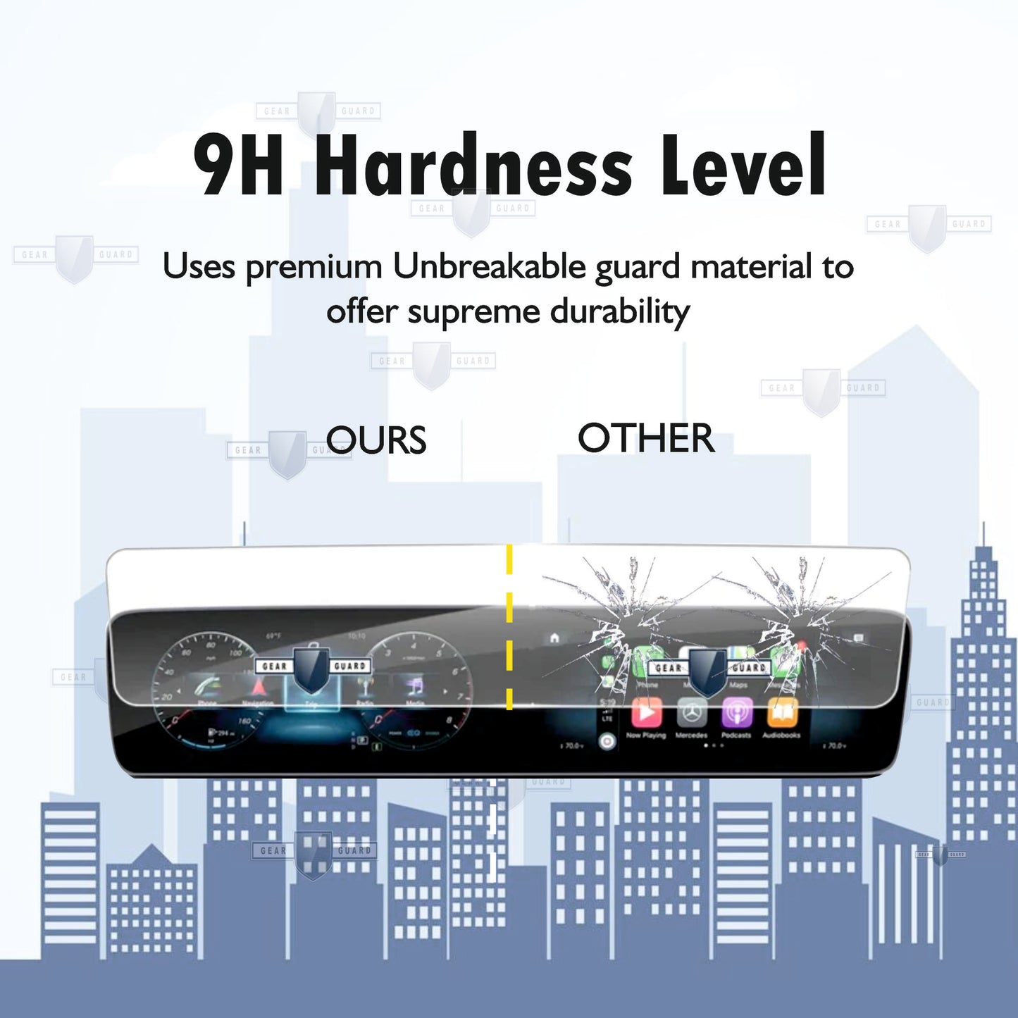 Tempered glass screen protector covering a car's touch screen, providing strong protection against scratches