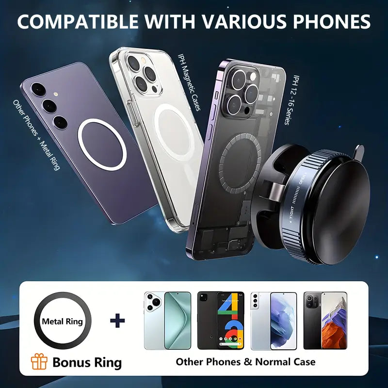 360° Magnetic Suction Cup Phone Holder Foldable Vacuum Mount, Multi-Angle Adjustment K007– Universal Fit (Black)