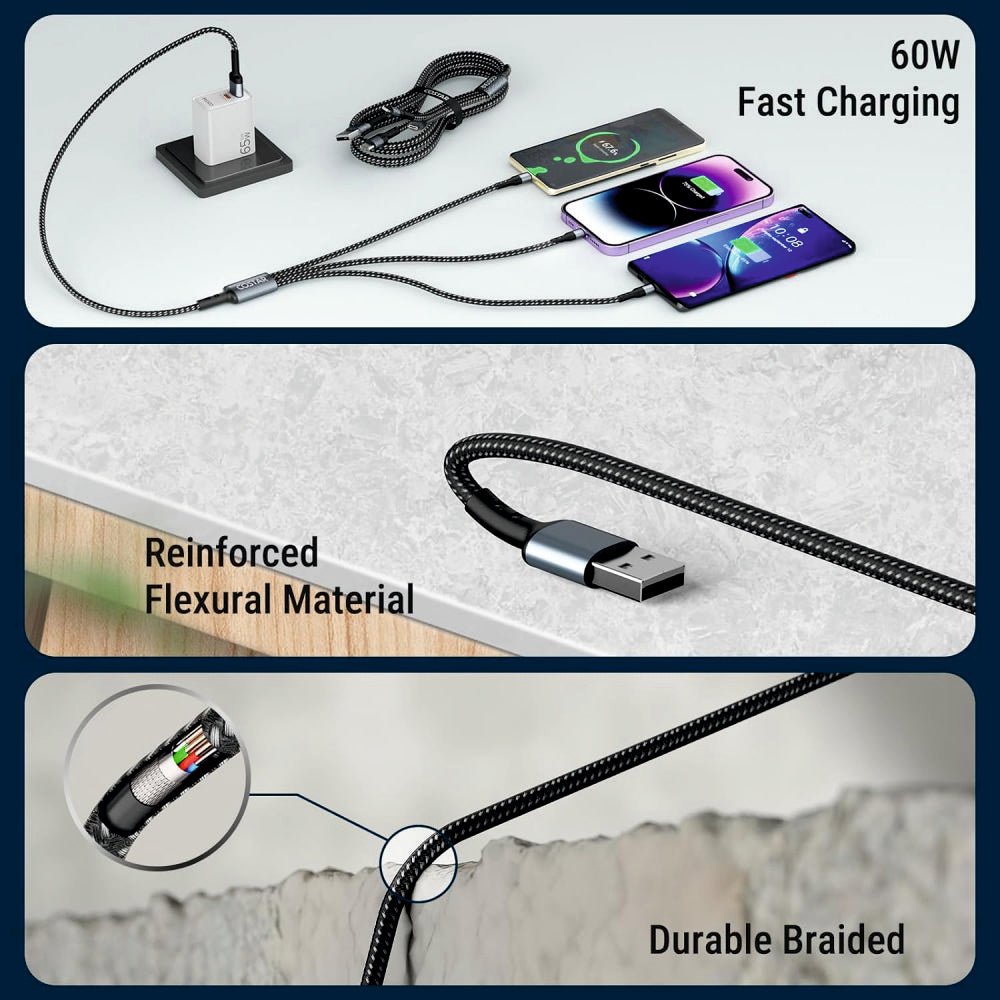 3-in-1 Fast Charging Cable | Type-C, Lightning & Micro USB | 66W Braided Data Cable -3IN1_BRAIDED_CABLE