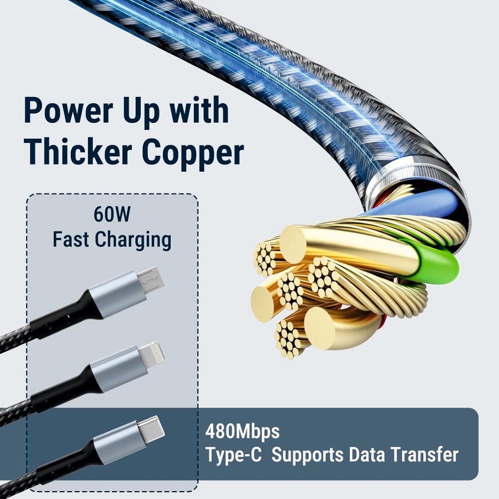 3-in-1 Fast Charging Cable | Type-C, Lightning & Micro USB | 66W Braided Data Cable -3IN1_BRAIDED_CABLE