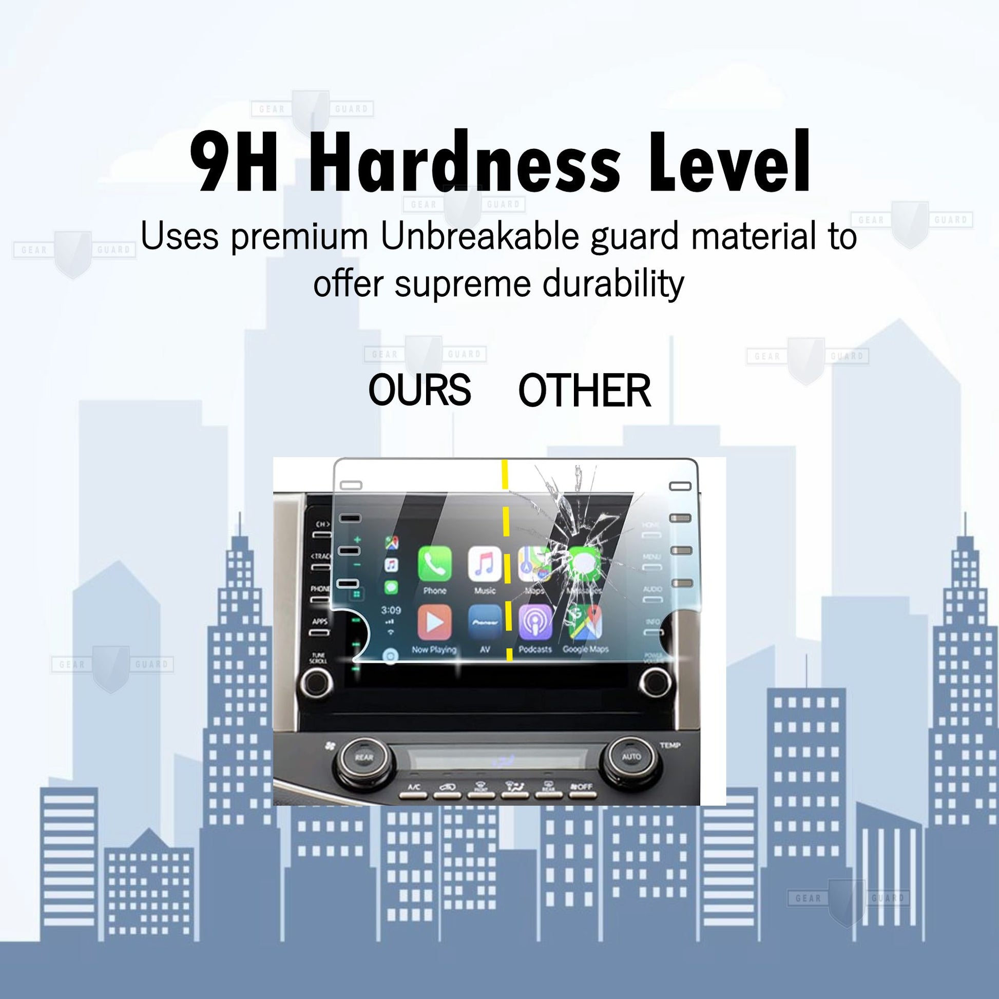 Tempered glass screen protector covering a car's touch screen, providing strong protection against scratches