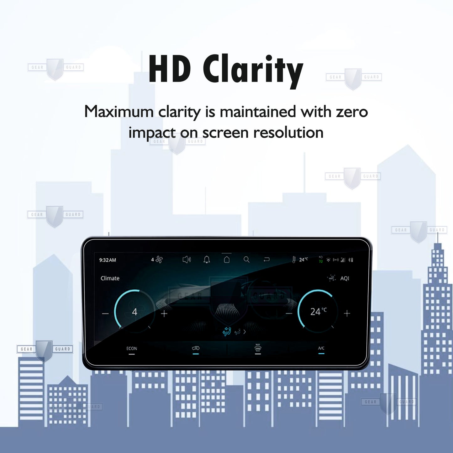 Tempered glass screen protector covering a car's touch screen, providing strong protection against scratches