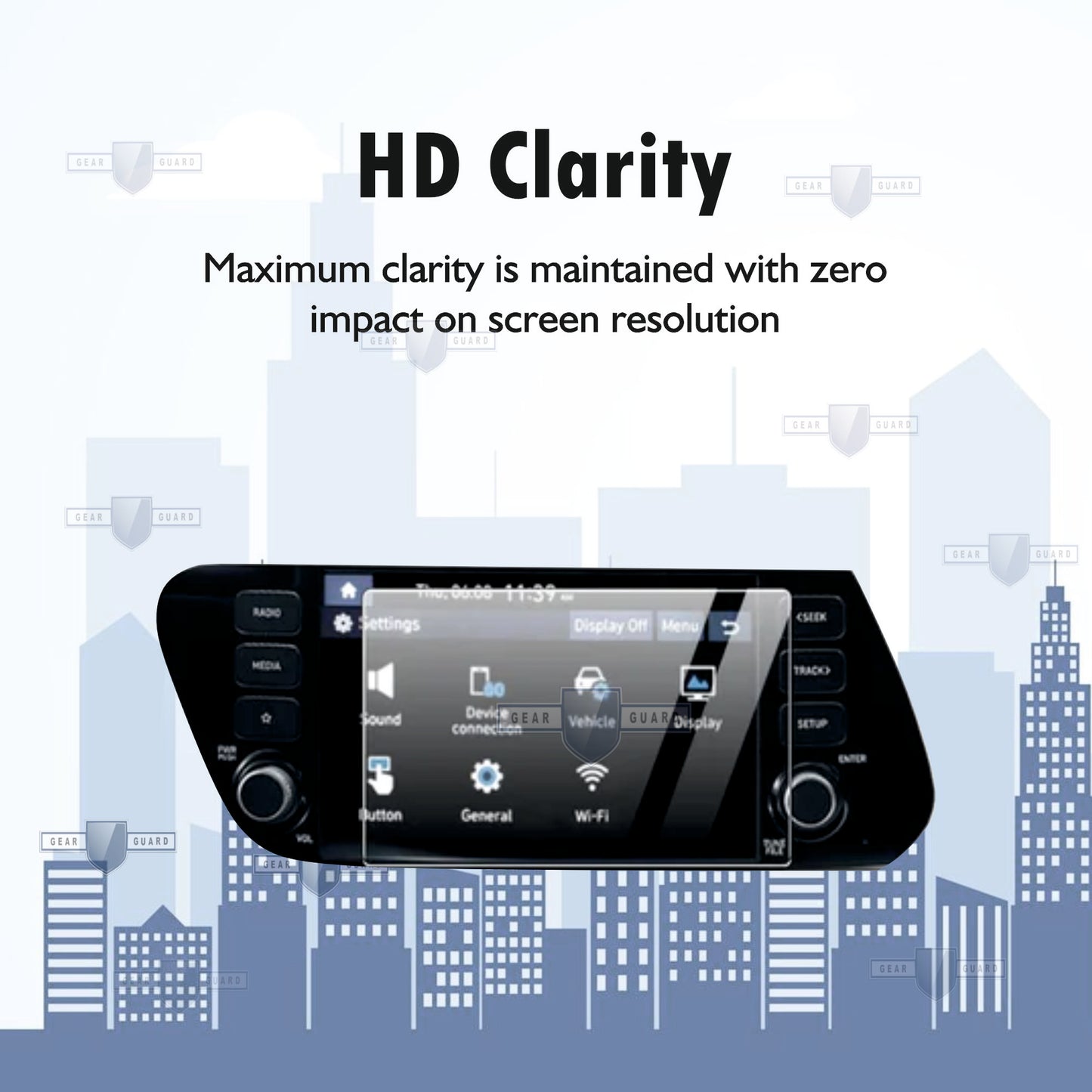 Tempered glass screen protector covering a car's touch screen, providing strong protection against scratches