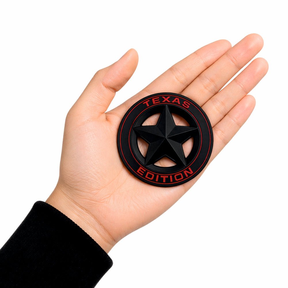3D Metal Texas Edition Badge Emblem| 7.5cm x 7.5cm | All Vehicle Exterior Decorative Logo, Self - Adhesive - STICKER_TEXAS_BLK_RED