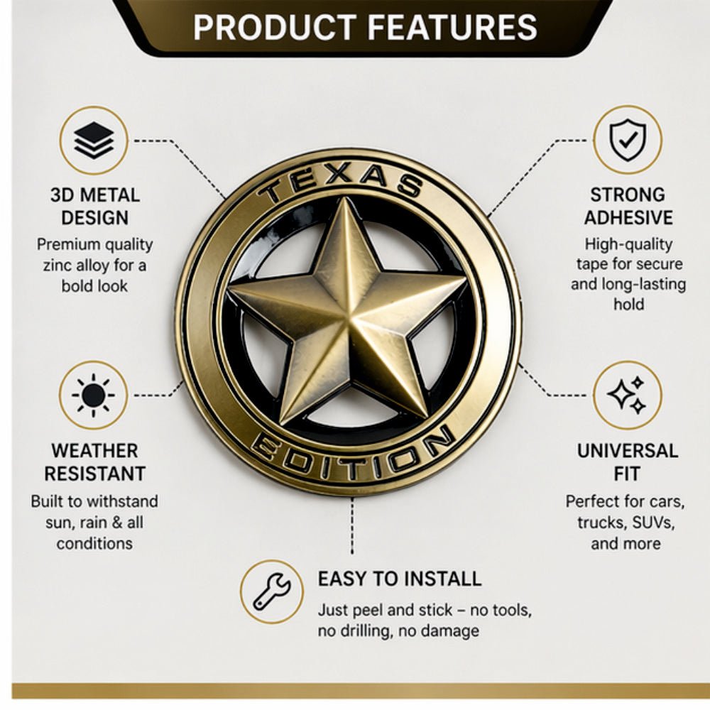 3D Metal Texas Edition Badge Emblem| 7.5cm x 7.5cm | All Vehicle Exterior Decorative Logo, Self - Adhesive - STICKER_TEXAS_BRNZ