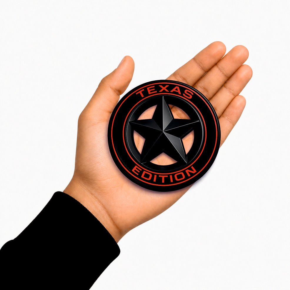 3D Metal Texas Edition Badge Emblem| 7.5cm x 7.5cm | All Vehicle Exterior Decorative Logo, Self - Adhesive - STICKER_TEXAS_BLK_RED
