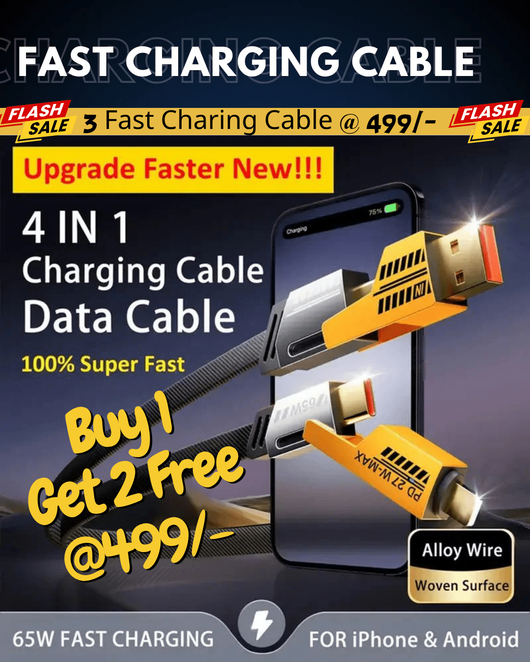 [3Pack] Quad Pro 4 - in - 1 Zinc Alloy Fast Charging Cable 1.2M - 3PCS_4IN1CABLE