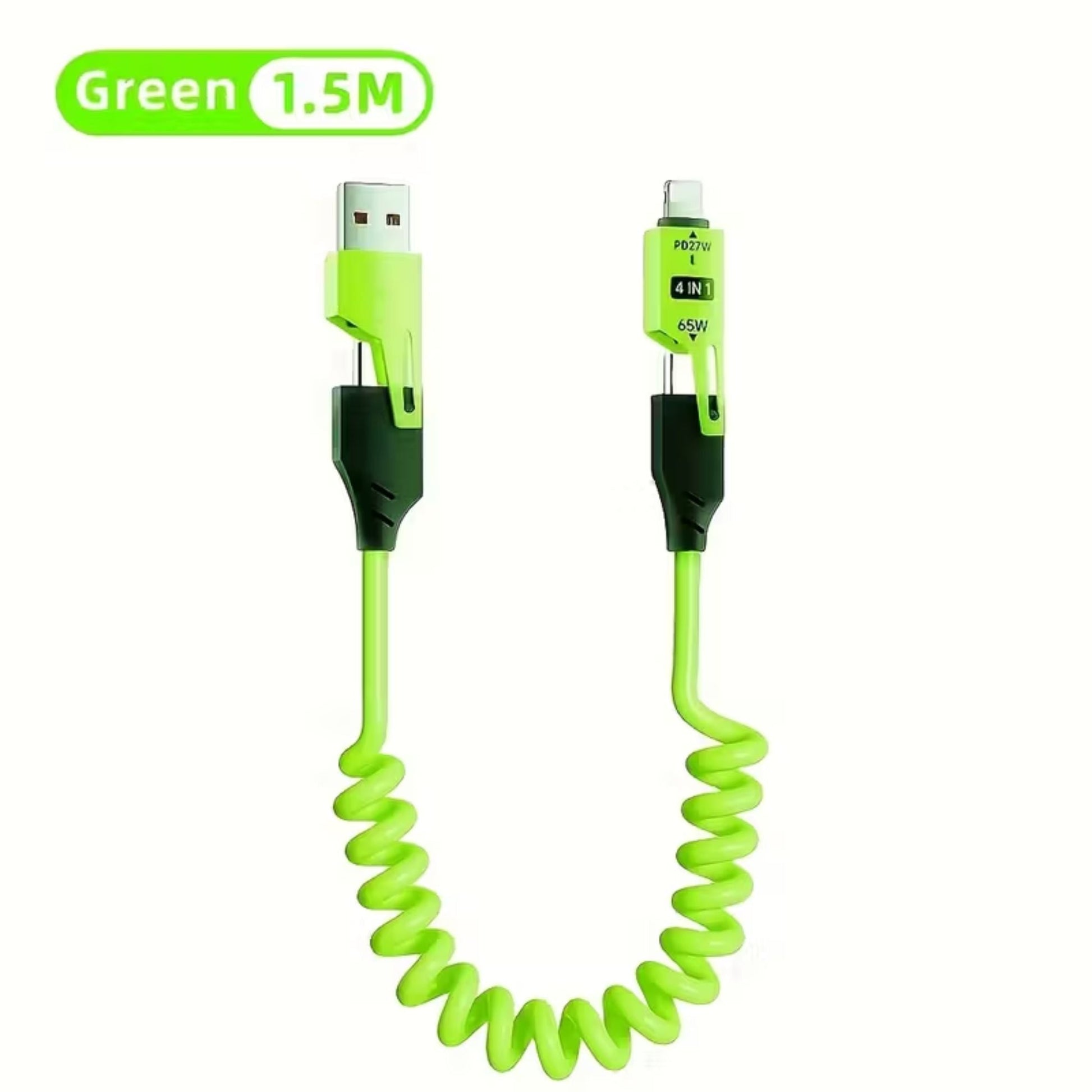 4 - in - 1 Fast Charging Coiled Cable – USB & Type - C to Lightning/Type - C, 1.5M - CABLE_SPR-GREE