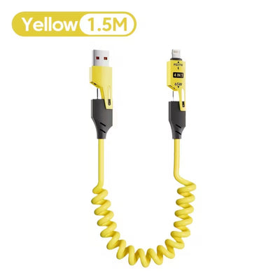 4 - in - 1 Fast Charging Coiled Cable – USB & Type - C to Lightning/Type - C, 1.5M - CABLE_SPR-YELL