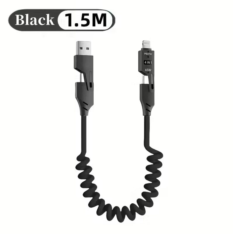 4 - in - 1 Fast Charging Coiled Cable – USB & Type - C to Lightning/Type - C, 1.5M - CABLE_SPR-BLK