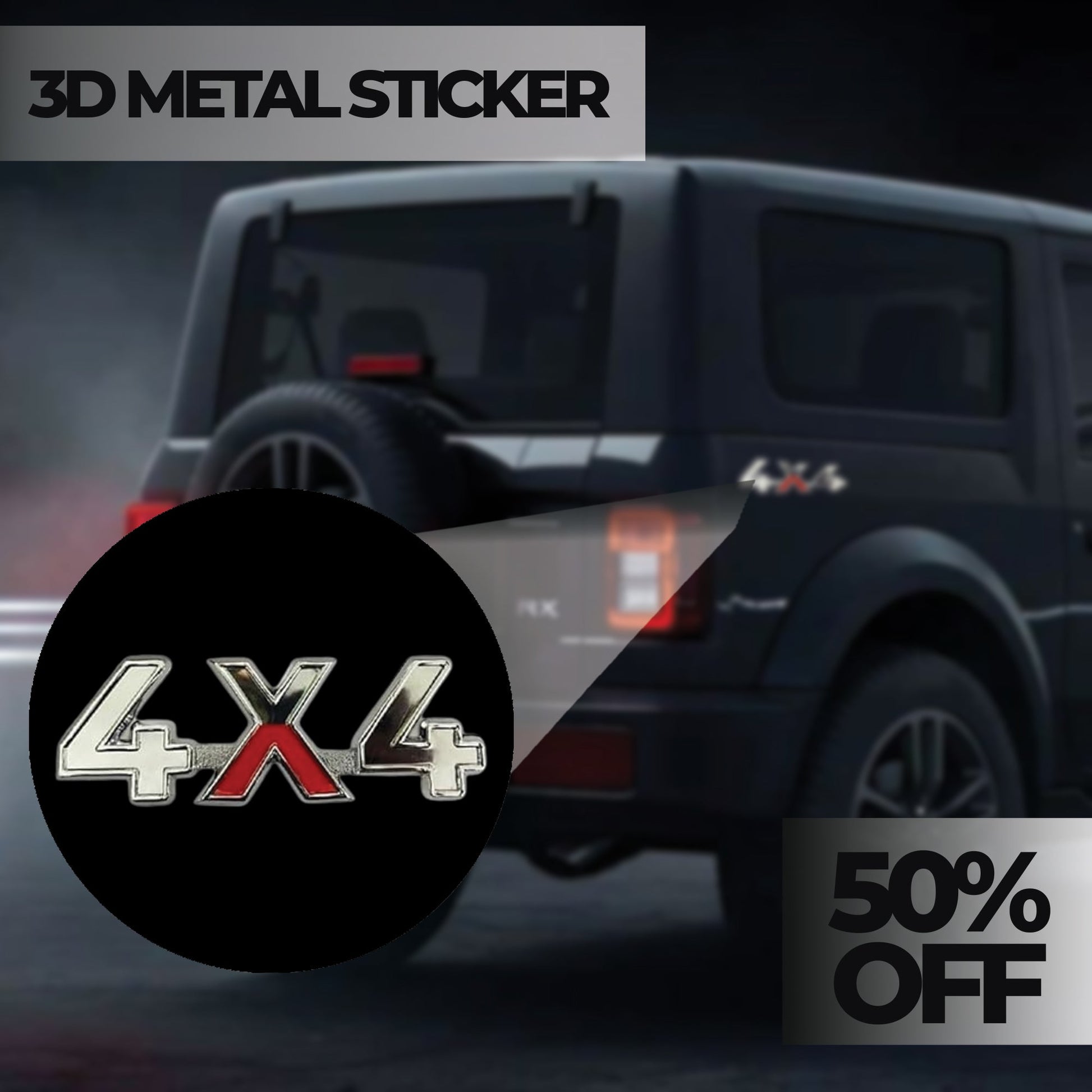 4x4 3D Logo Car Badge Emblem | 15cm x 4cm | All Vehicle Exterior Decorative Logo, Self - Adhesive - STICKER_4X4_SR-D2