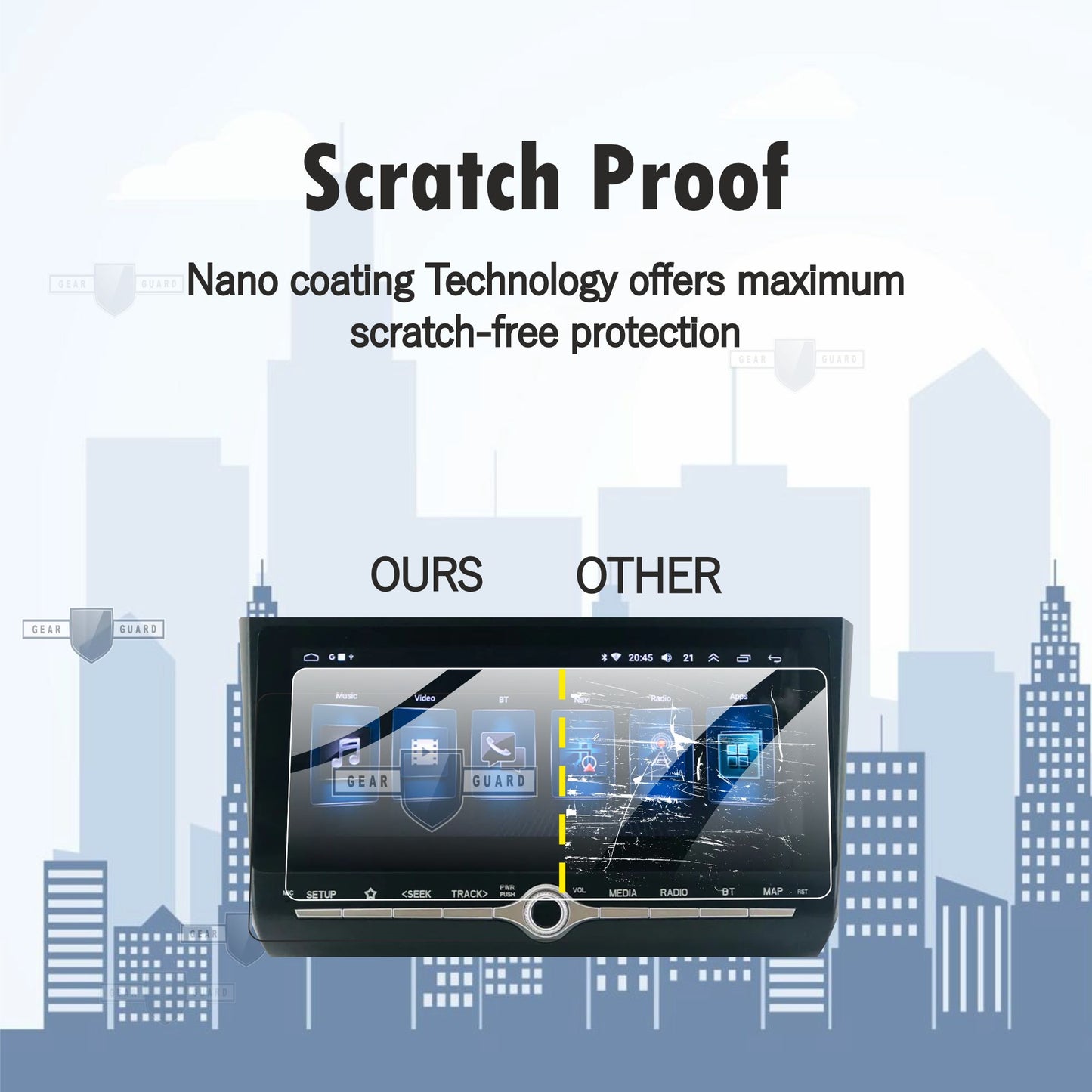 Tempered glass screen protector covering a car's touch screen, providing strong protection against scratches