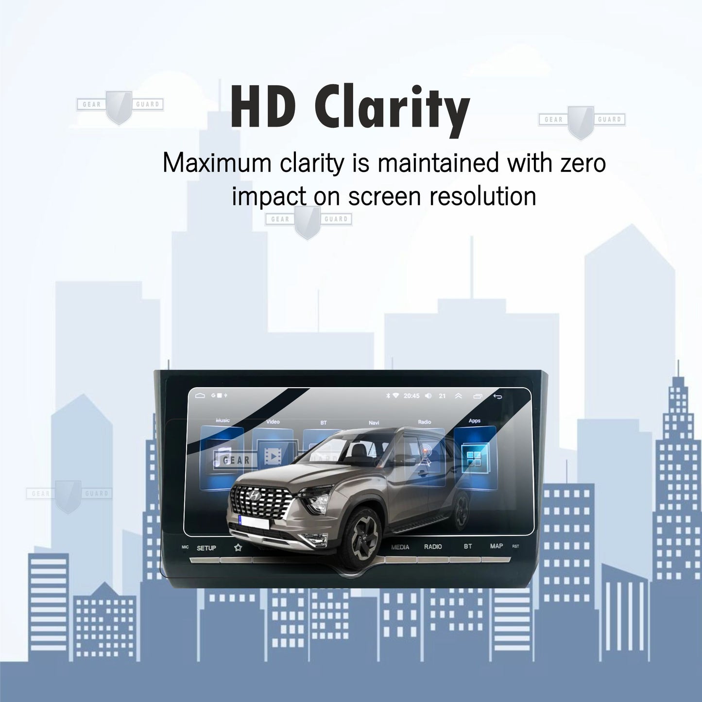 Tempered glass screen protector covering a car's touch screen, providing strong protection against scratches