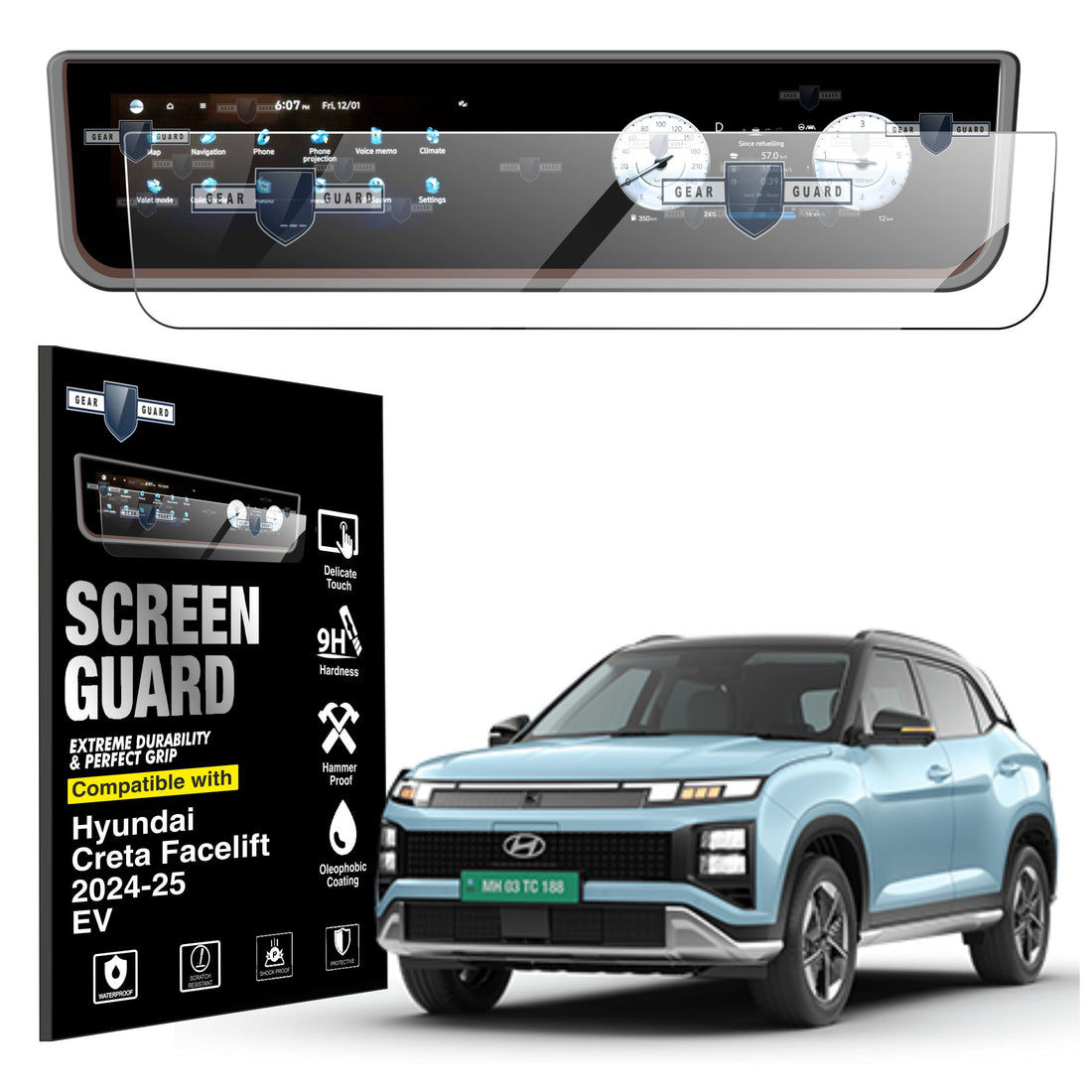 Hyundai Creta Facelift 2024 2025 EV Electric car accessories infotainment system protection guard protector tempered glass 9H hardness full touch screen