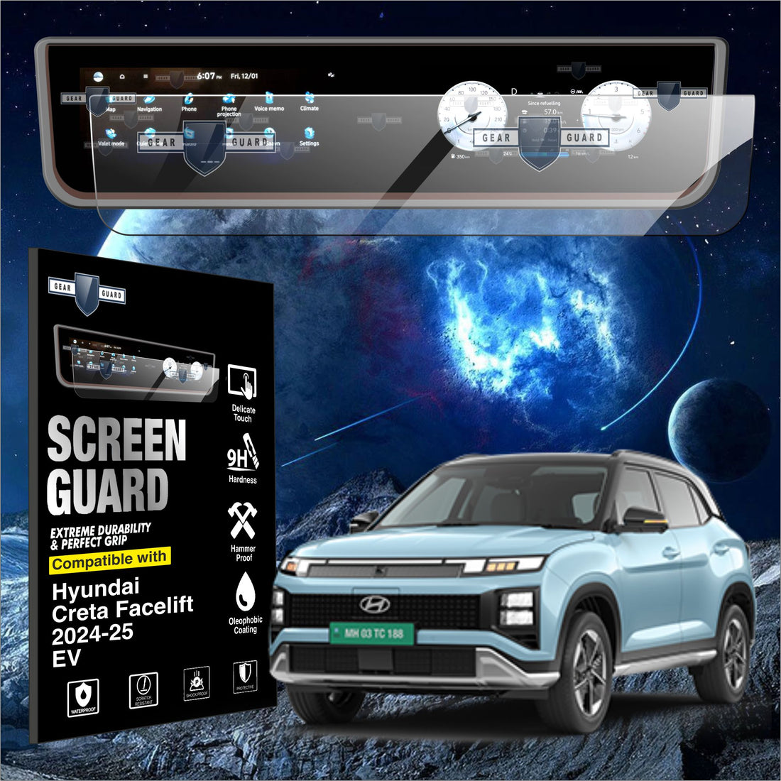Hyundai Creta Facelift 2024 2025 EV Electric car accessories infotainment system protection guard protector tempered glass 9H hardness full touch screen