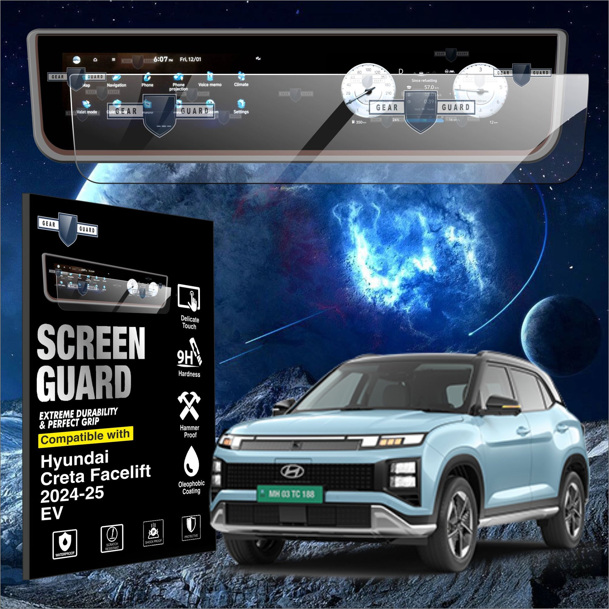 Hyundai Creta Facelift 2024 2025 EV Electric car accessories infotainment system protection guard protector tempered glass 9H hardness full touch screen