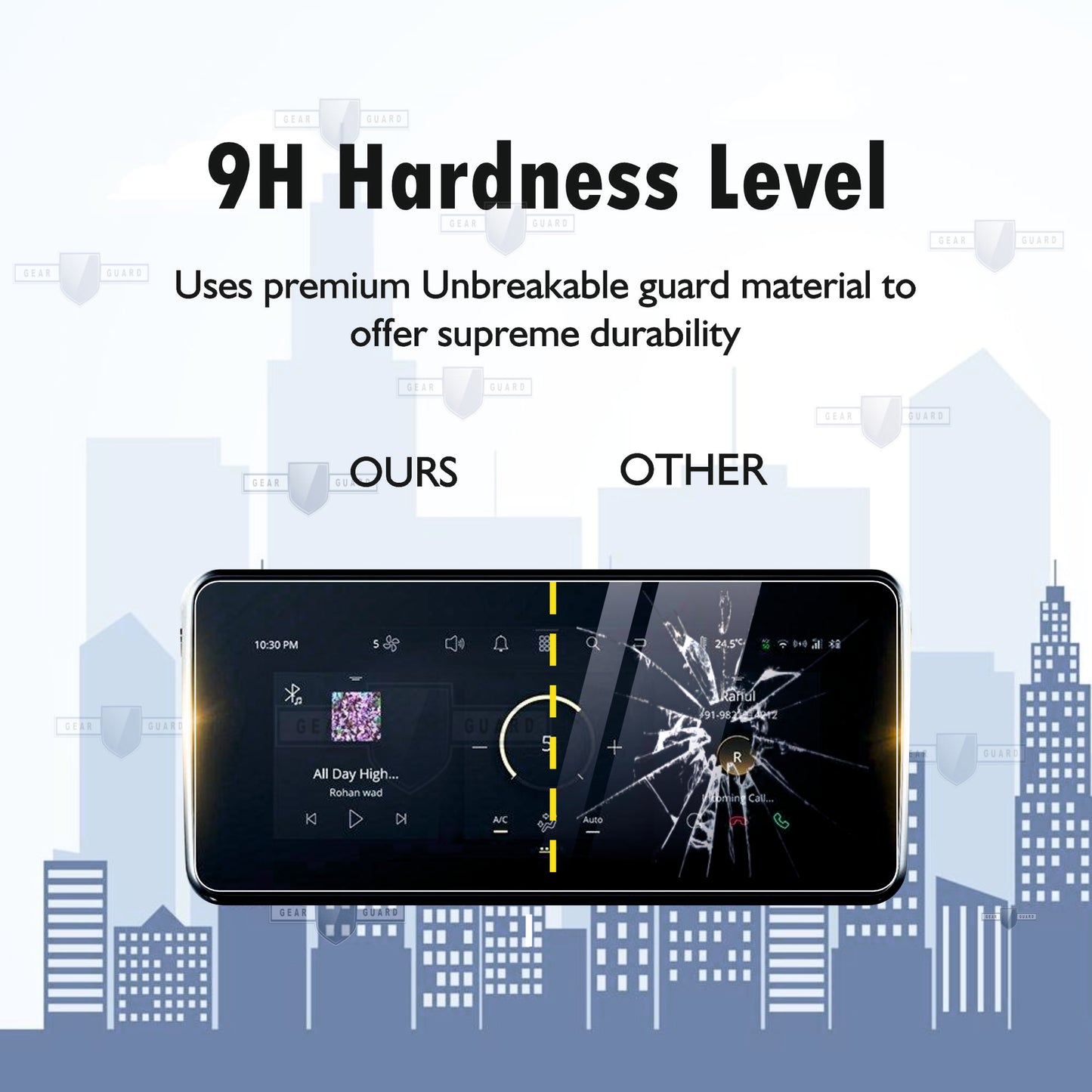 Tempered glass screen protector covering a car's touch screen, providing strong protection against scratches