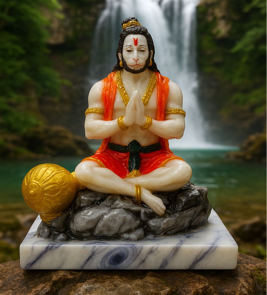 Lord Hanuman idol, Bajrangbali statue, Hanuman murti, resin Hanuman figurine, Hanuman with gada, meditation Hanuman idol, spiritual home decor, Hindu god idol, pooja room decor, Vastu idol, Diwali gift idol, dashboard Hanuman statue, handcrafted Hanuman, peaceful Hanuman murti, yoga room decor, mountain backdrop idol, religious gift item, Indian god sculpture, desk showpiece, devotional figurine
