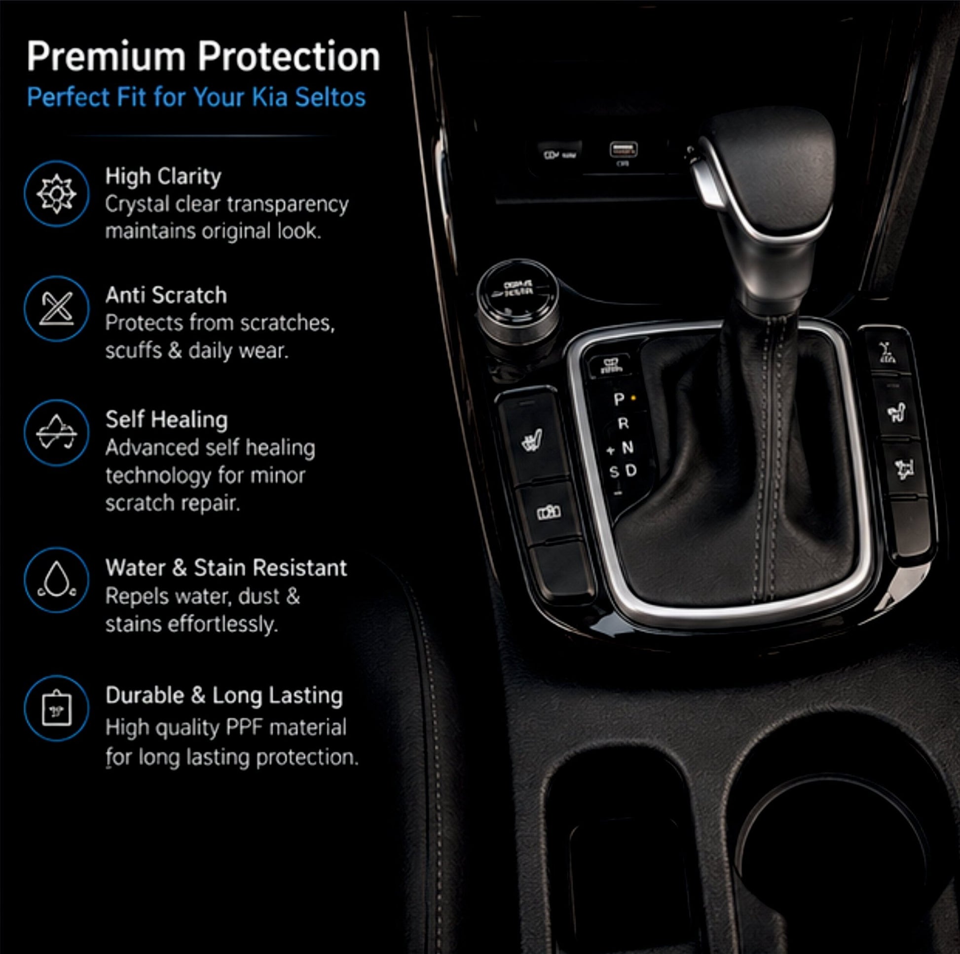 KIA Seltos interior Gear Panel Precut PPF Guard [2023-2025] -SP_SELTOS_GEAR_PPF