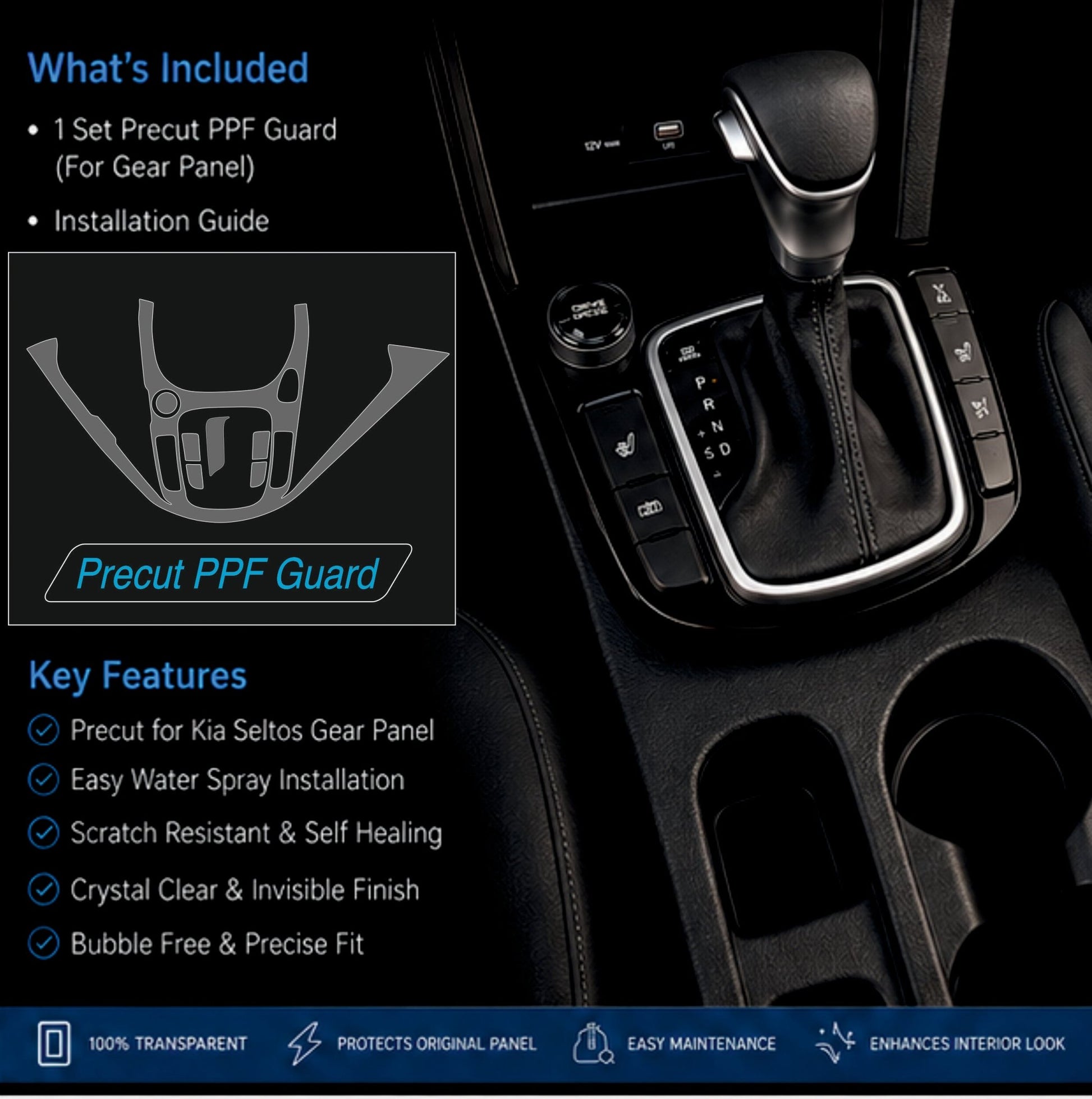 KIA Seltos interior Gear Panel Precut PPF Guard [2023-2025] -SP_SELTOS_GEAR_PPF