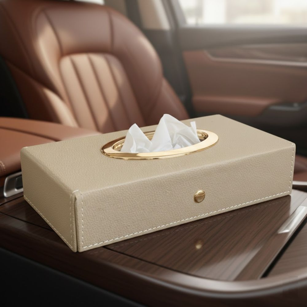 Luxury Leather Finish Tissue Box Cover with Gold Trim For Car, Home & Office - TISSUE_BOX_BEIGE