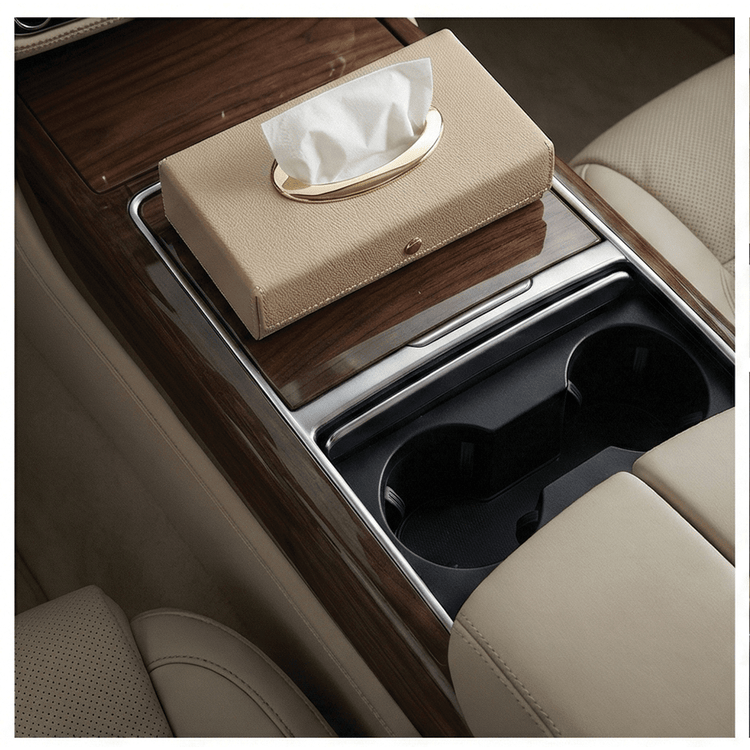 Luxury Leather Finish Tissue Box Cover with Gold Trim For Car, Home & Office - TISSUE_BOX_BEIGE