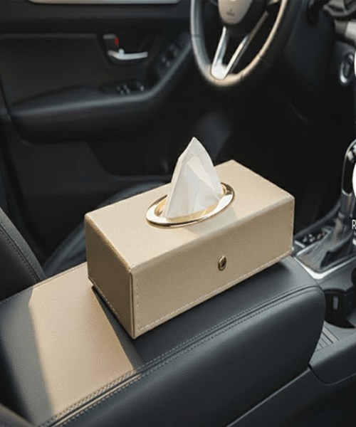 Luxury Leather Finish Tissue Box Cover with Gold Trim For Car, Home & Office - TISSUE_BOX_BEIGE
