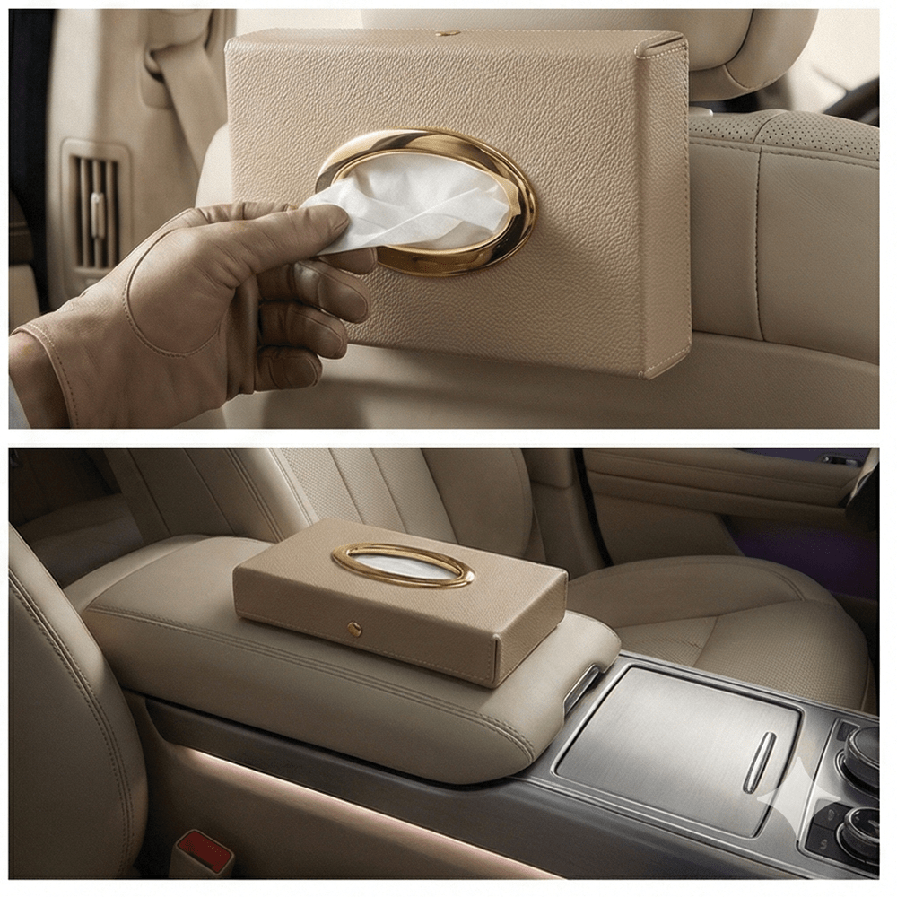 Luxury Leather Finish Tissue Box Cover with Gold Trim For Car, Home & Office - TISSUE_BOX_BLACK