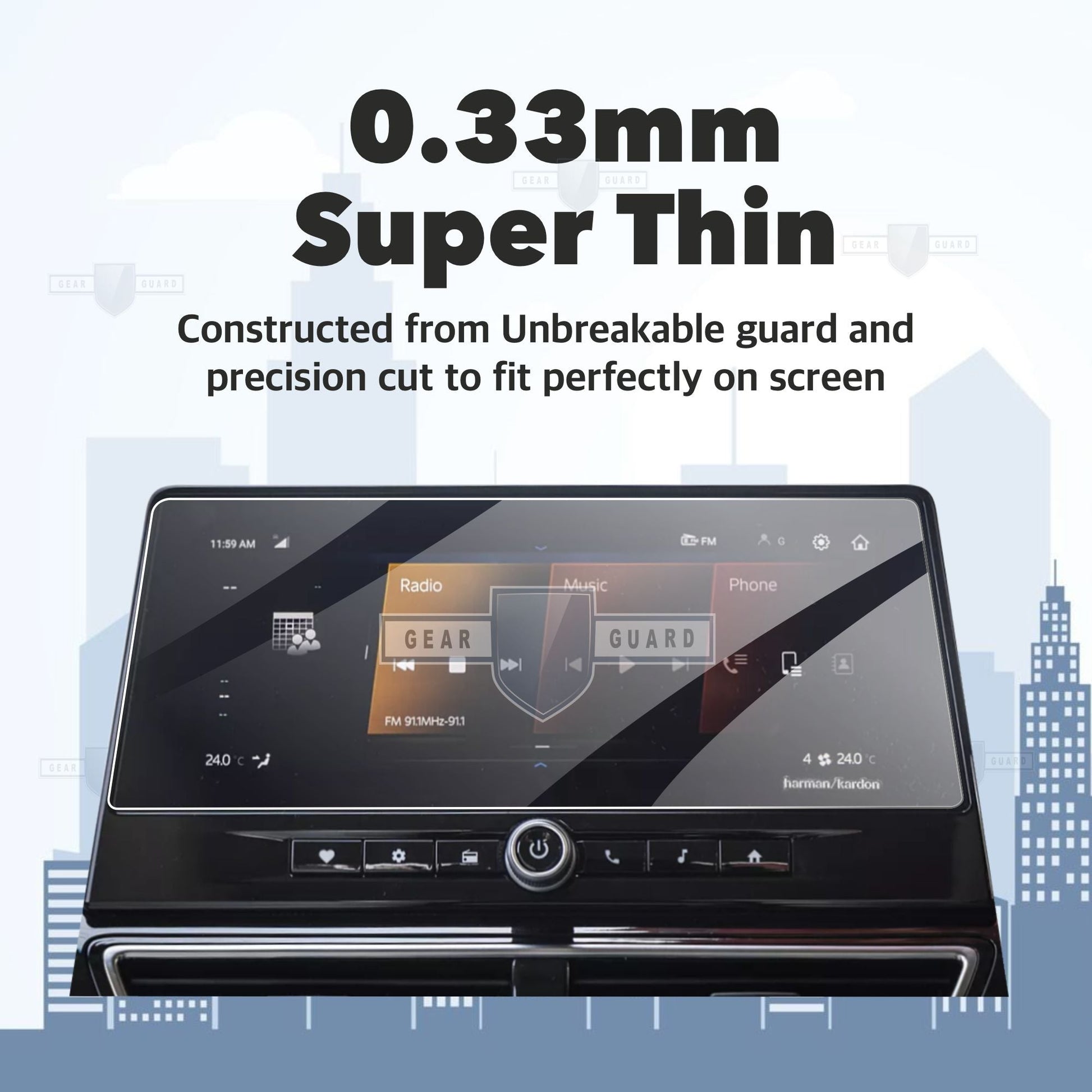 Tempered glass screen protector covering a car's touch screen, providing strong protection against scratches