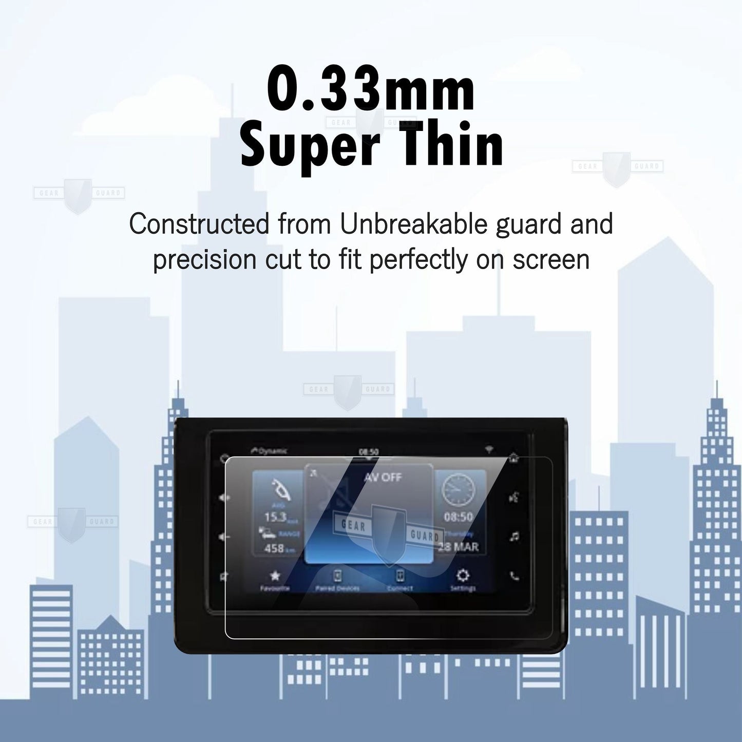 Tempered glass screen protector covering a car's touch screen, providing strong protection against scratches