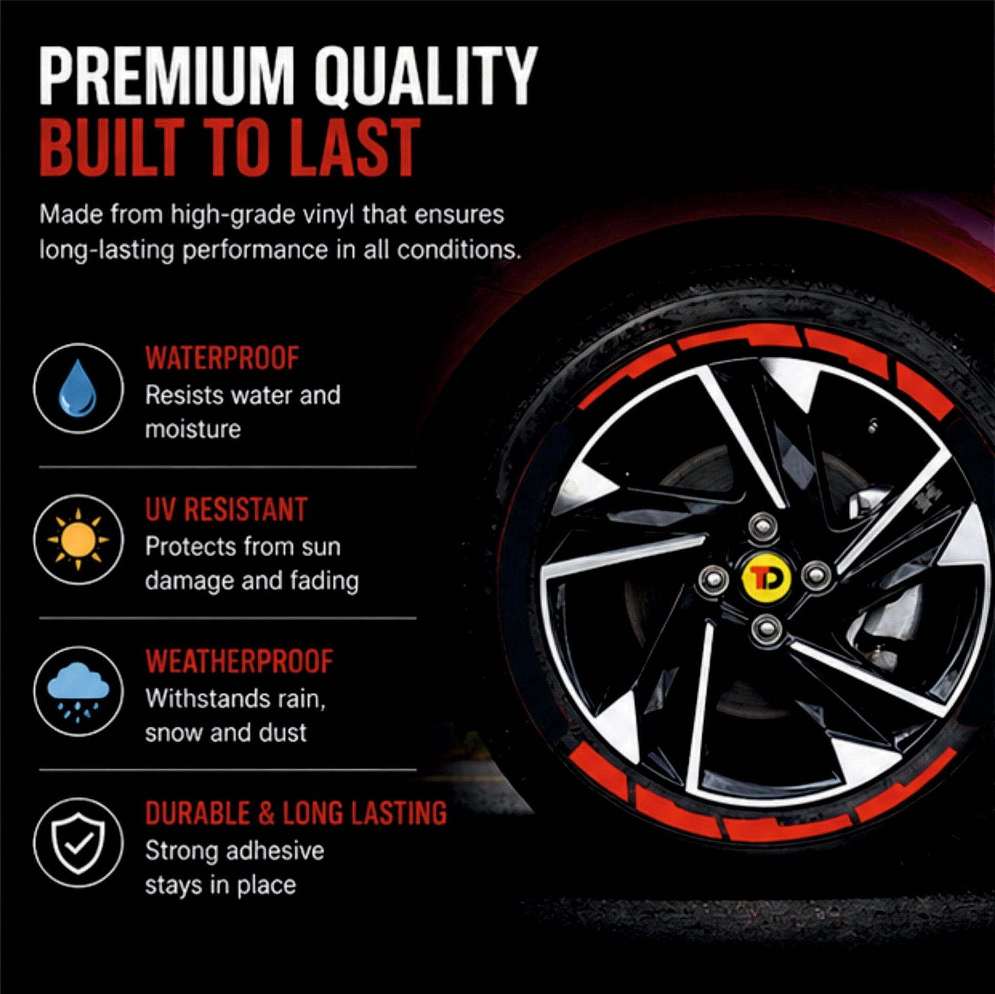 Permanent Tyre Sticker For All Cars & SUV - Red Strip - TYRE_STK_REDSTRIP