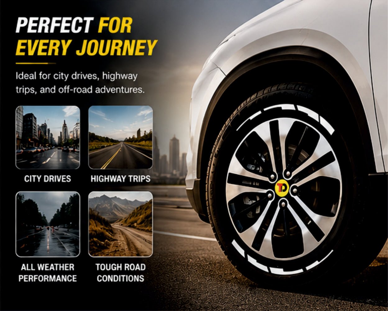Permanent Tyre Sticker For All Cars & SUV - White Strip | Complete Set for All 4 Tyres -TYRE_STK_WHITE_STRP