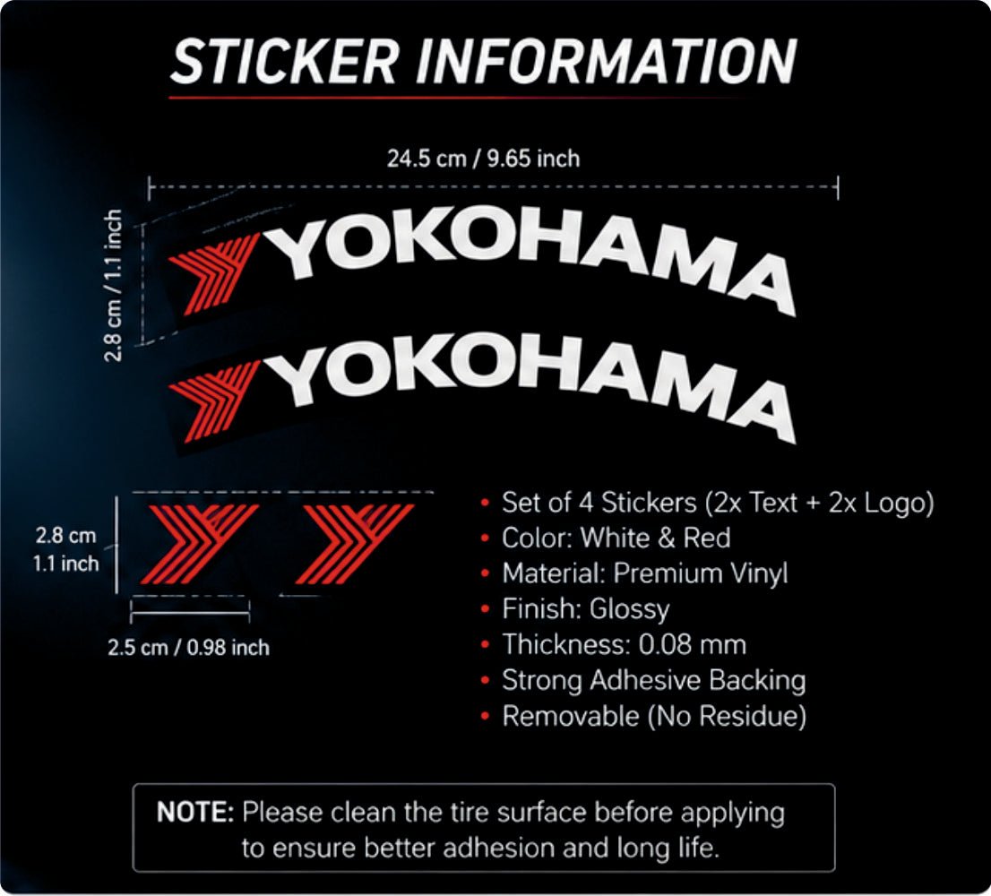 Permanent Tyre Sticker For All Cars & SUV - Yokohama | Complete Set for All 4 Tyres -TYRE_STK_YOKOHAMA