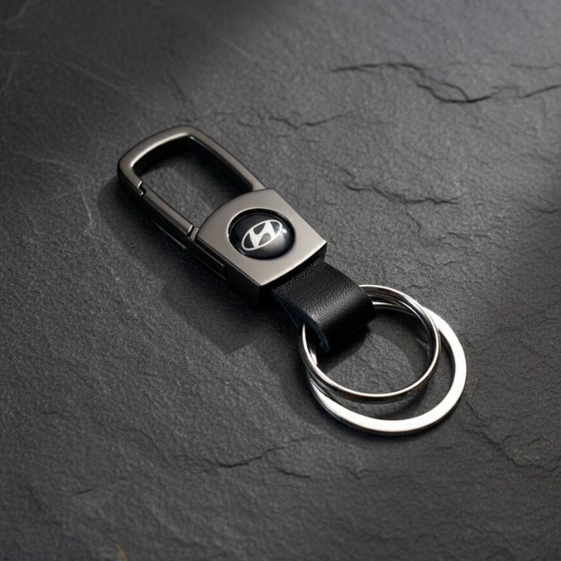 Premium Car Keychain | Metal & Brown Leather Finish Car Key Holder - K-METAL_HYUNDAI_BLA