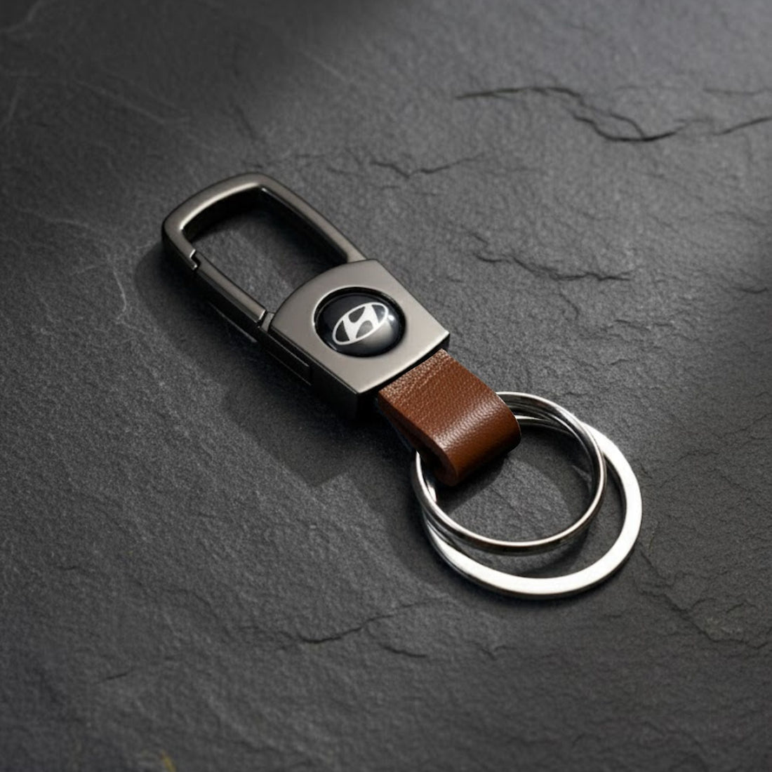 Premium Car Keychain | Metal & Brown Leather Finish Car Key Holder - K-METAL_HYUNDAI_BLA