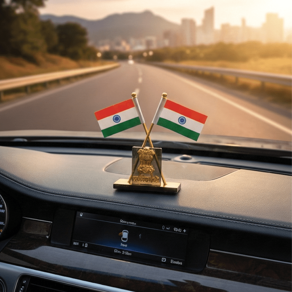 Premium Indian National Flag for Car Dashboard & Office Table - INDIA_FLAG_WOODGOLD